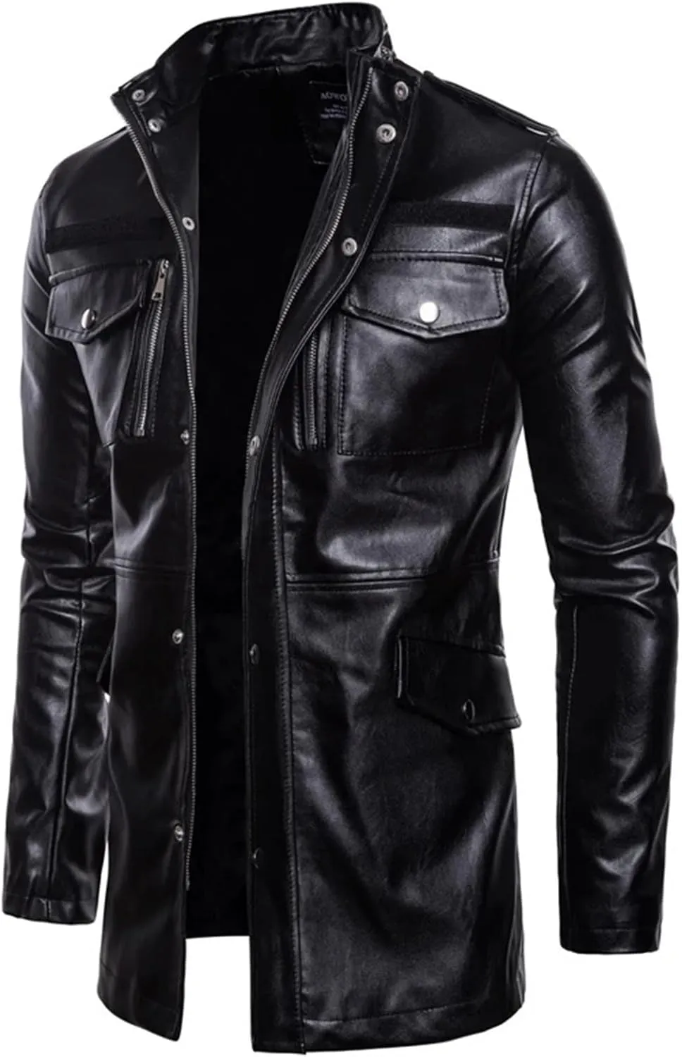 Mnjyihy Men's Casual Long Motorcycle Leather Coats Vintage Slim Zipper Pocket Biker Jackets Outerwear