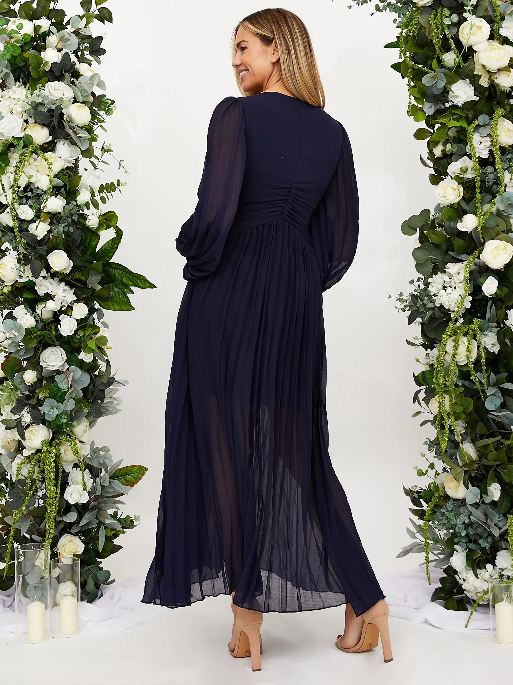 Simple Spirit Toni Long Sleeved Pleated Maxi Dress / Navy