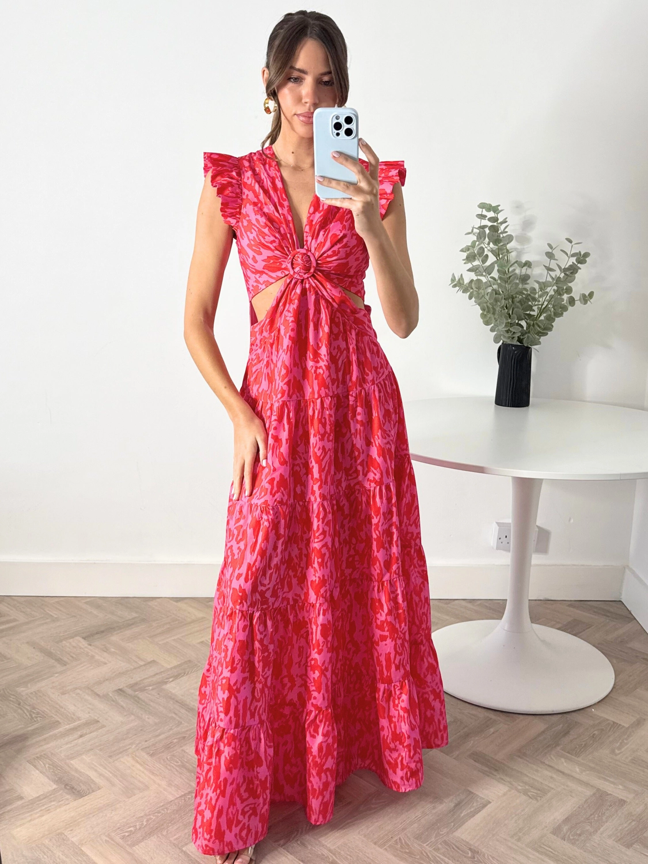 Indie Cut Out Frill Maxi Dress in Red & Pink Curve-Enhancing