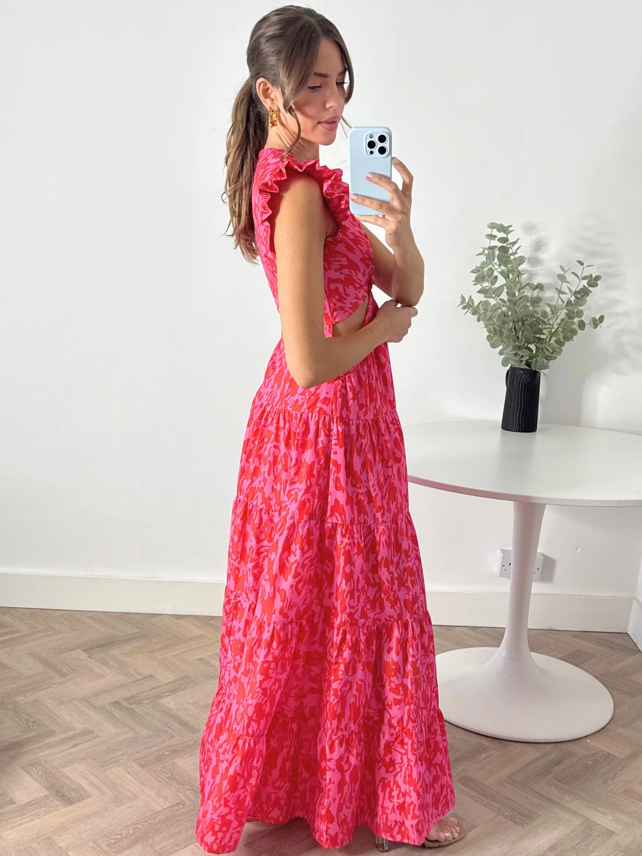 Indie Cut Out Frill Maxi Dress in Red & Pink Comfort Layer Wear Fresh Look