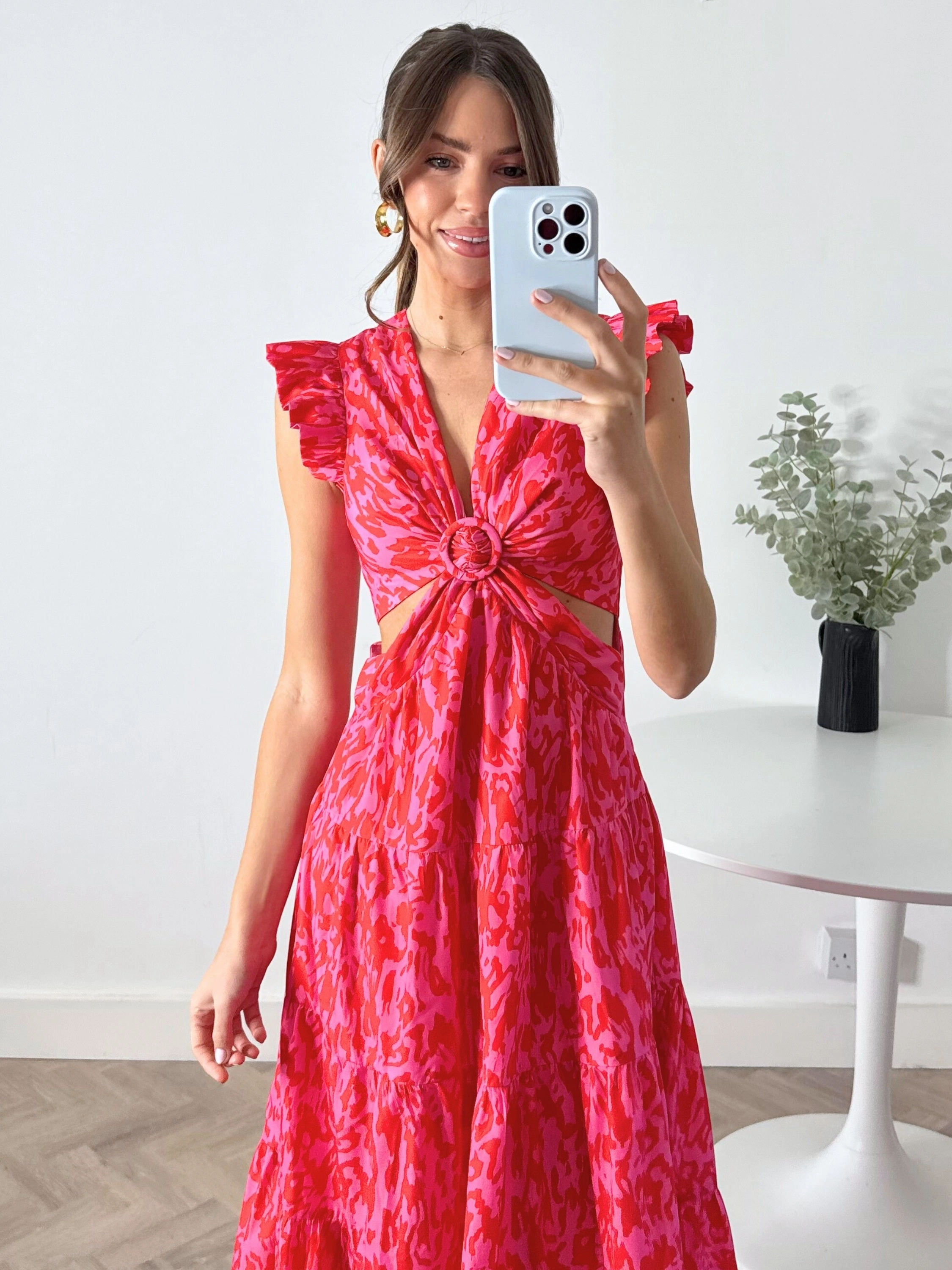 Indie Cut Out Frill Maxi Dress in Red & Pink Sister Glow Minimal Design