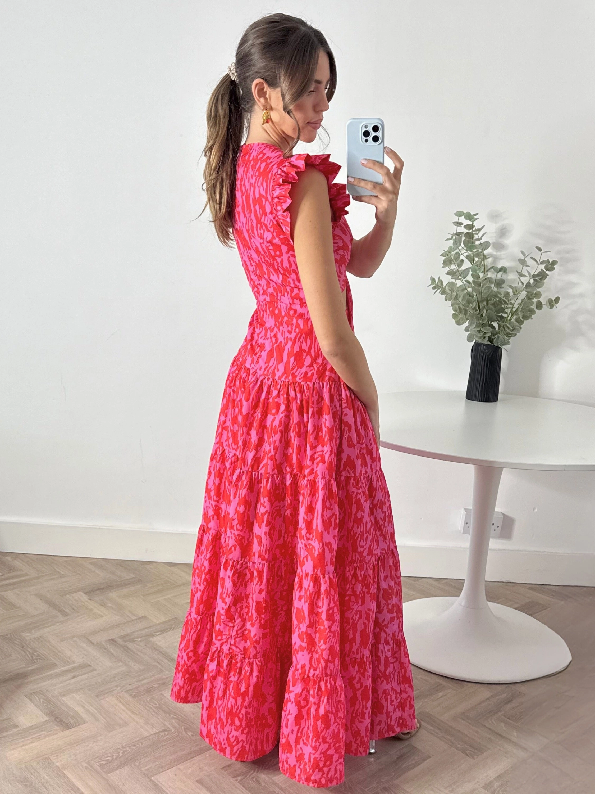 Sophisticated Waist Minimalist feel Indie Cut Out Frill Maxi Dress in Red & Pink