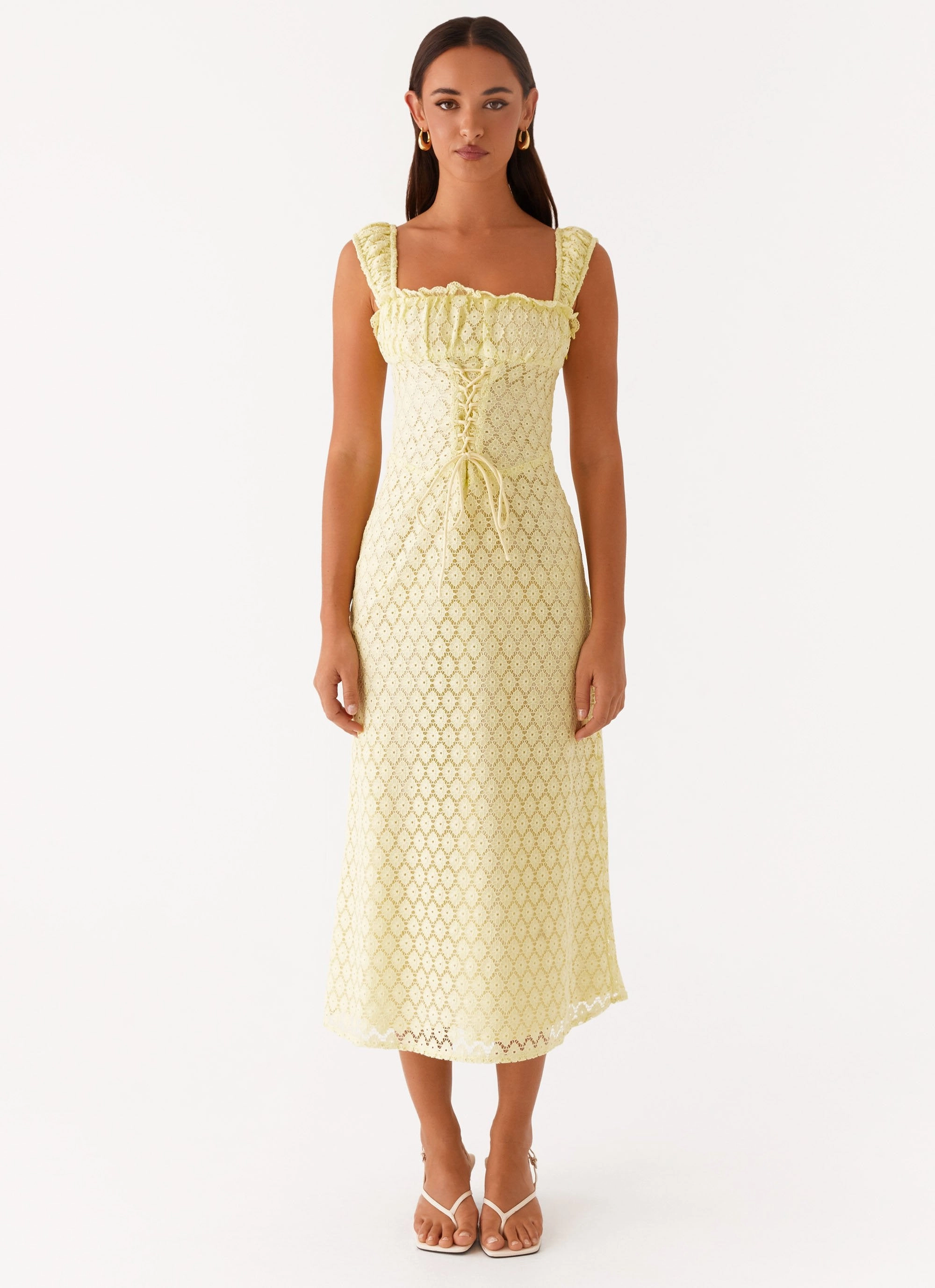 All-season ruffle trim Keziah Tie Front Midi Dress - Lemon