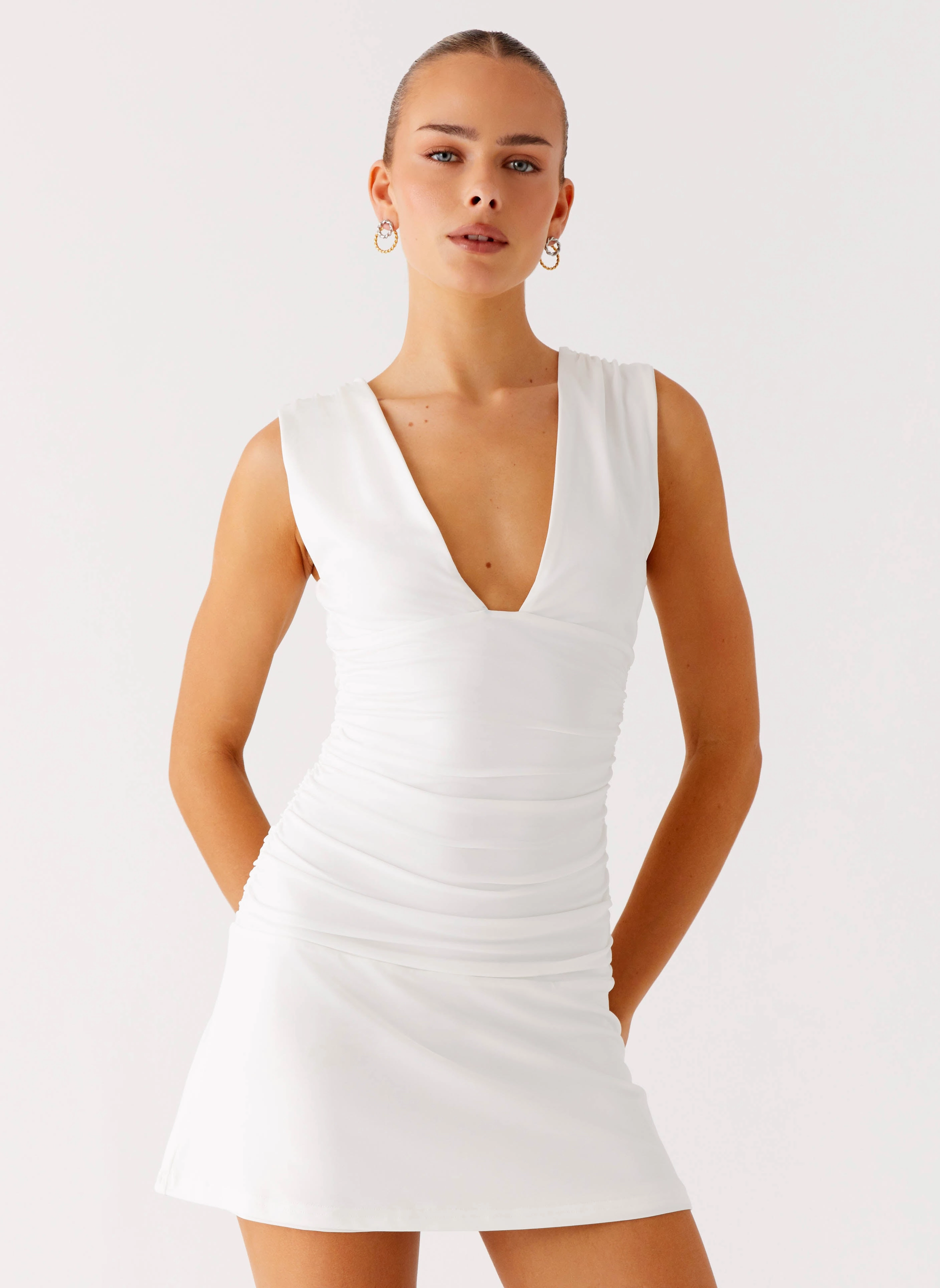 Cherry Sky Mini Dress - White Simple Bow Versatile Cut