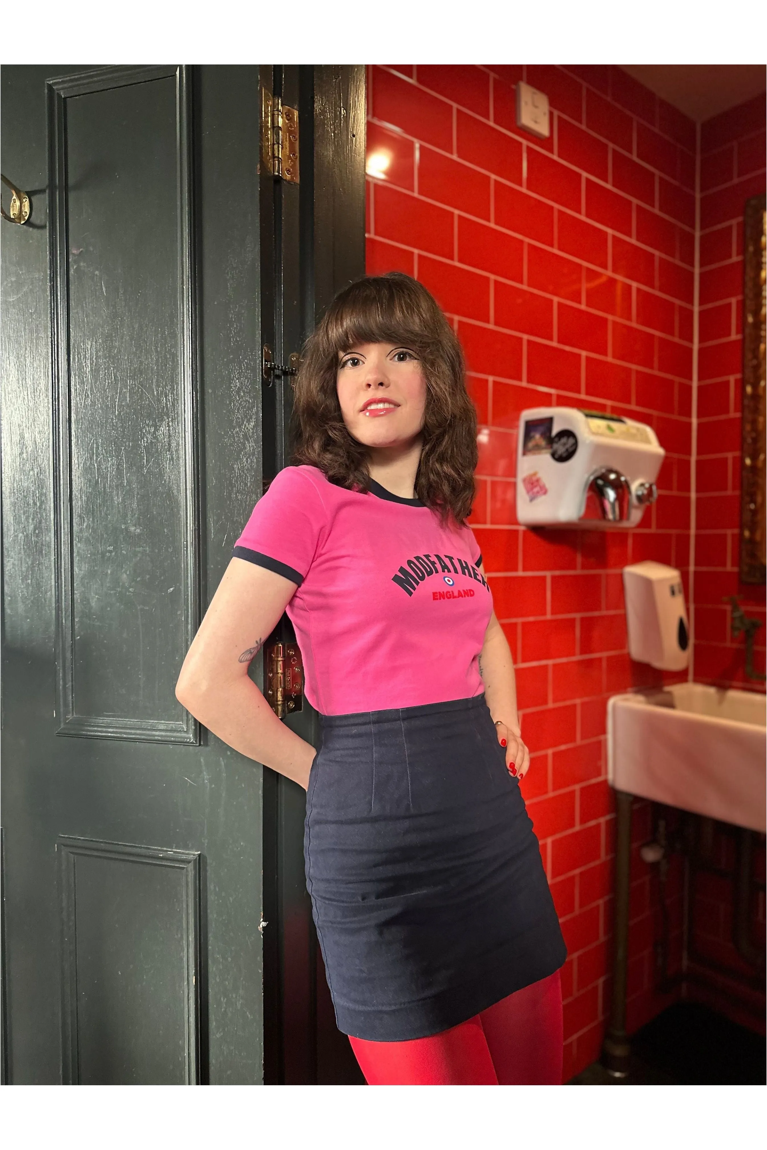 Modfather Clothing - Women's Logo Script Candy Pink and Navy Blue - T-Shirt