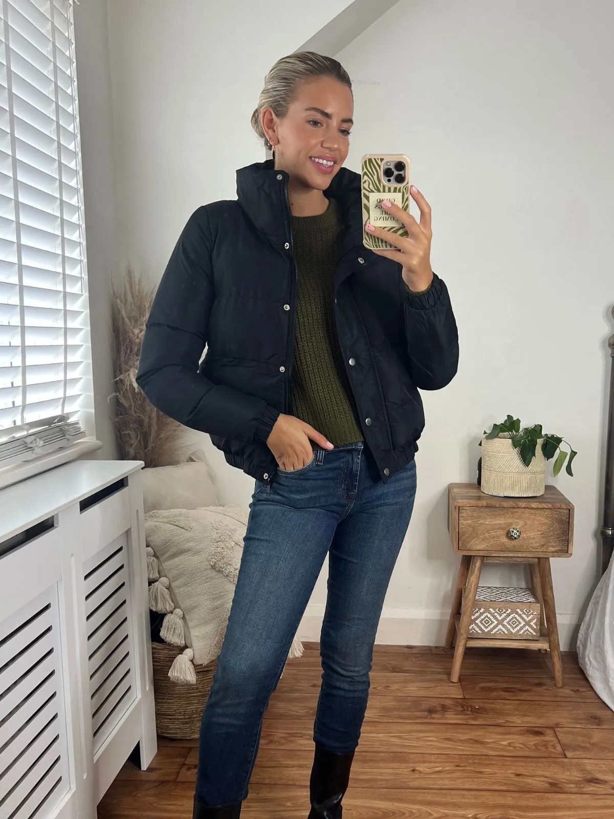 Organic Cotton Blend GarmentDyed Jazmin High collar Puffer Jacket / Black