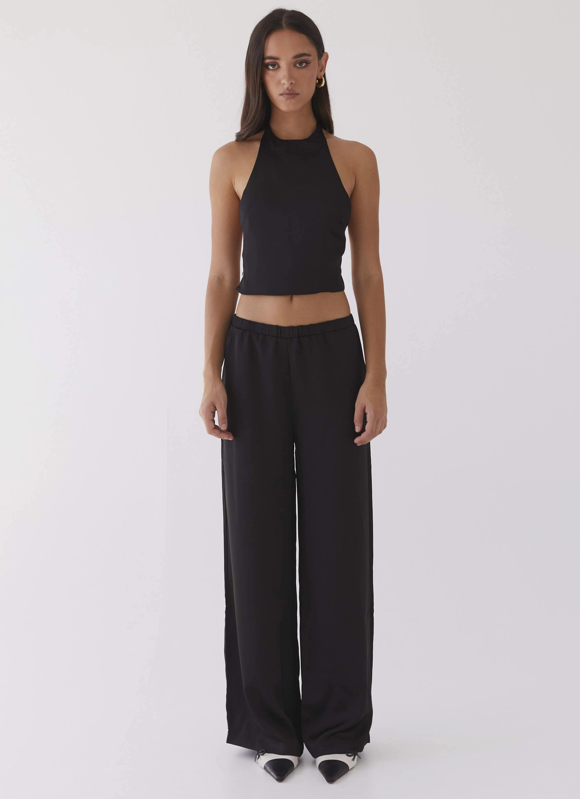 Bonded Seam Construction Bree Satin Halterneck Top - Black