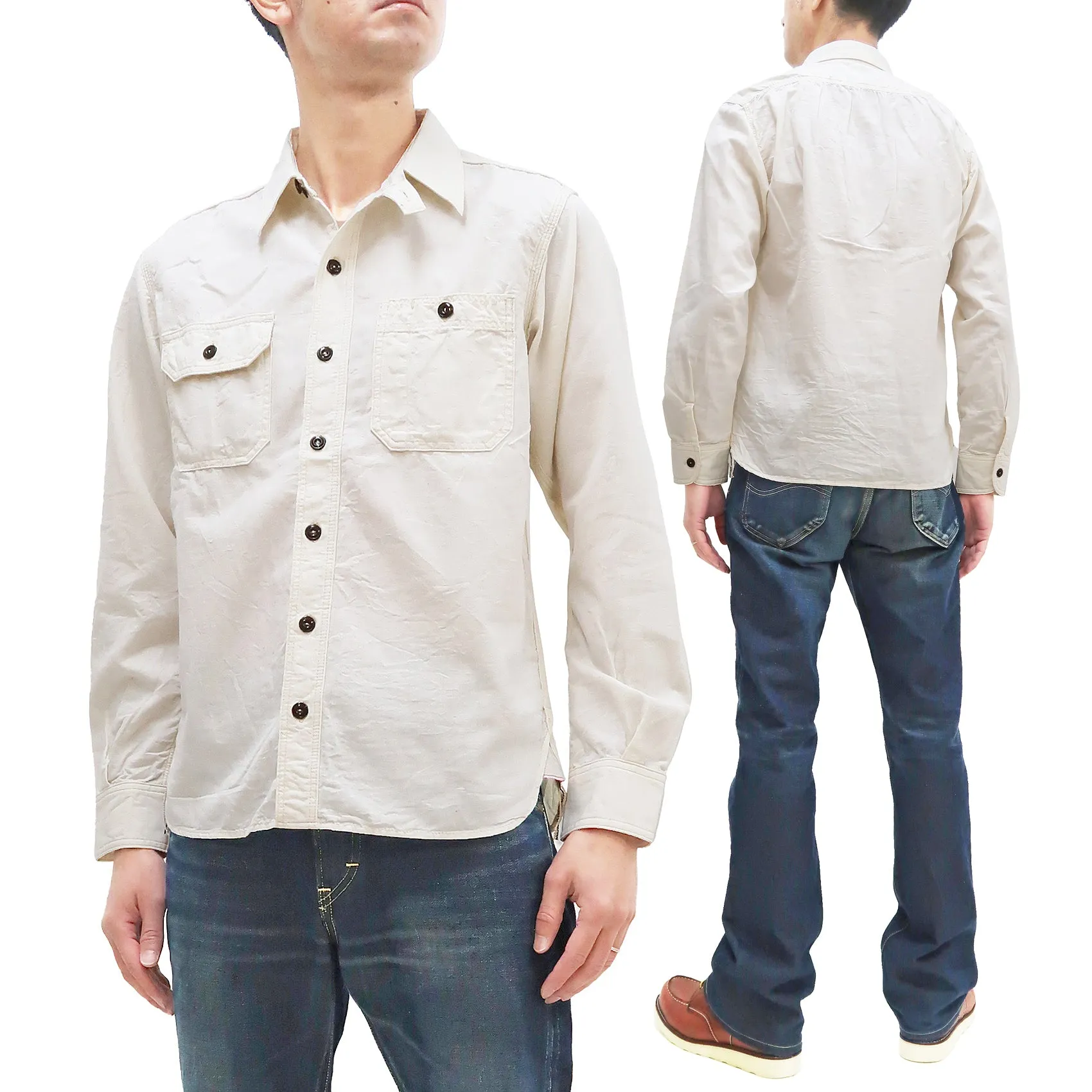 Momotaro Jeans Chambray Shirt Men's Solid Long Sleeve Button Up Work Shirt MS044 Natural