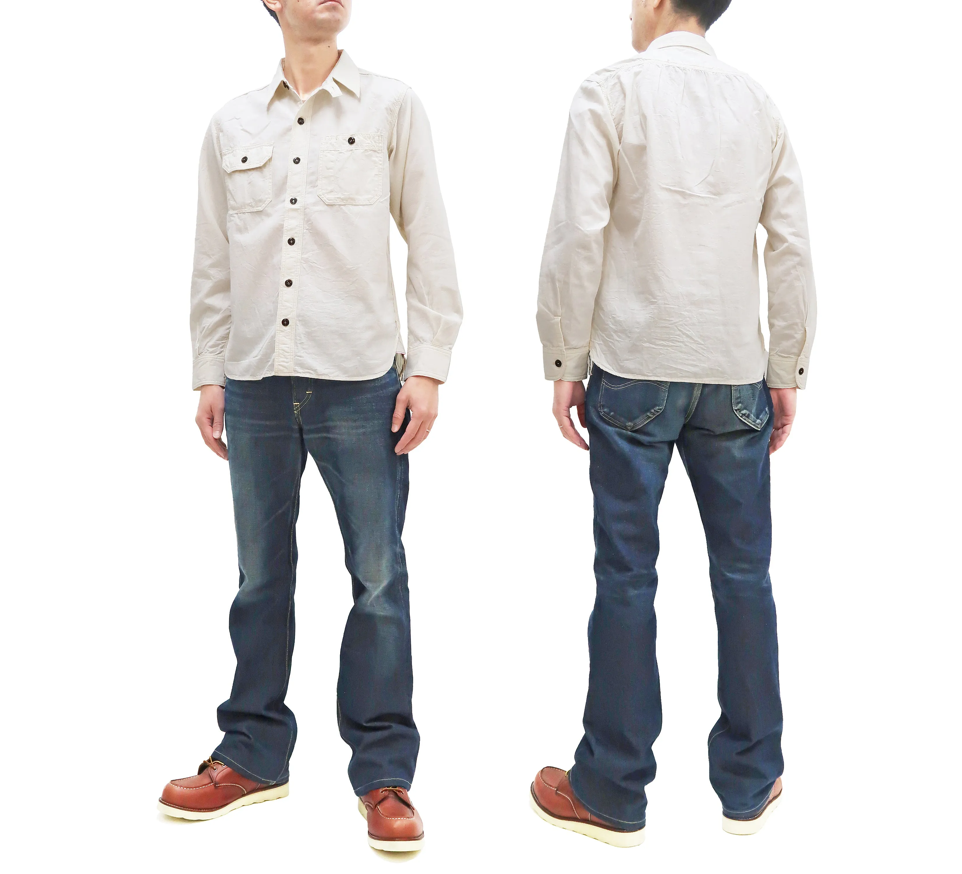 Momotaro Jeans Chambray Shirt Men's Solid Long Sleeve Button Up Work Shirt MS044 Natural