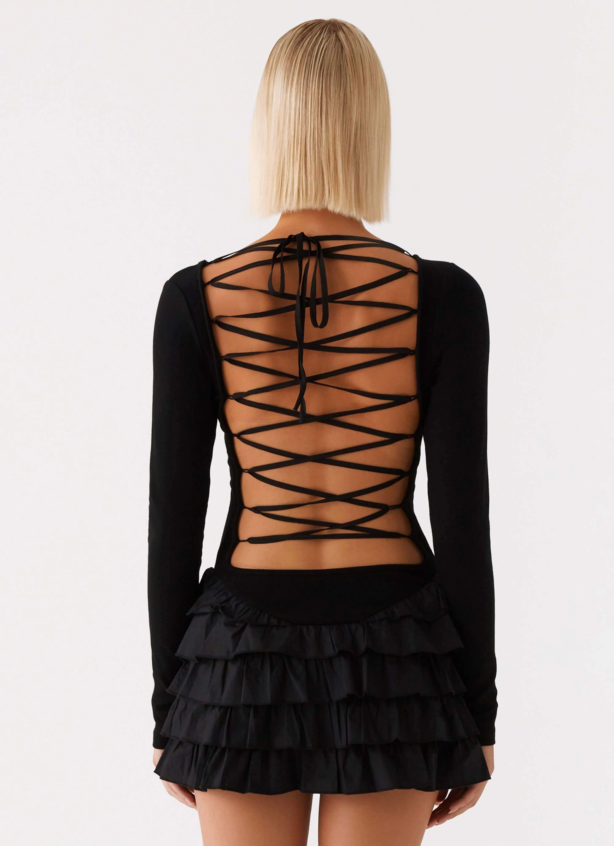 Moon Rising Long Sleeve Mini Dress - Black DoubleLayeredMaterial Poised Vibe