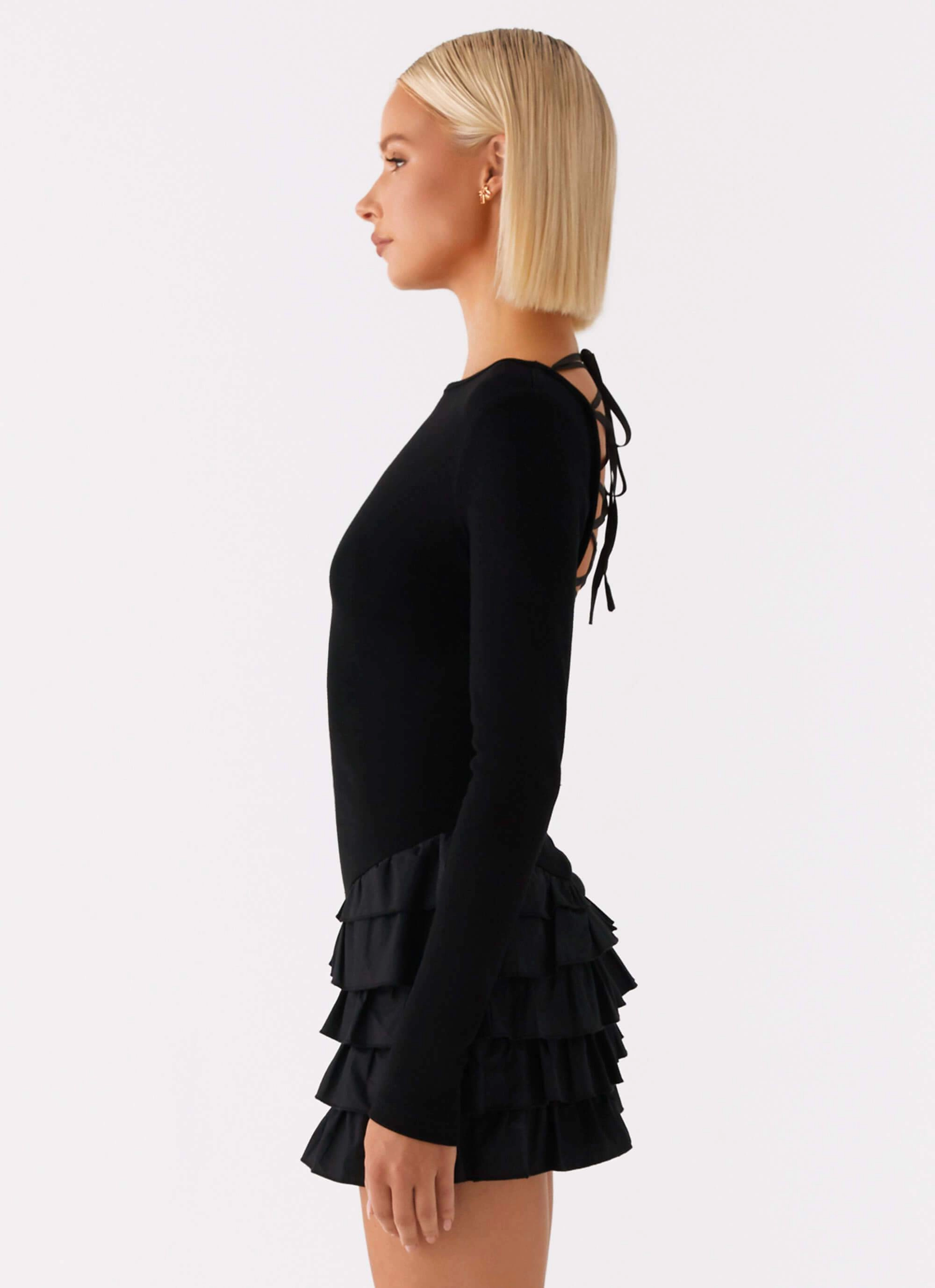 Moon Rising Long Sleeve Mini Dress - Black Cool Layers