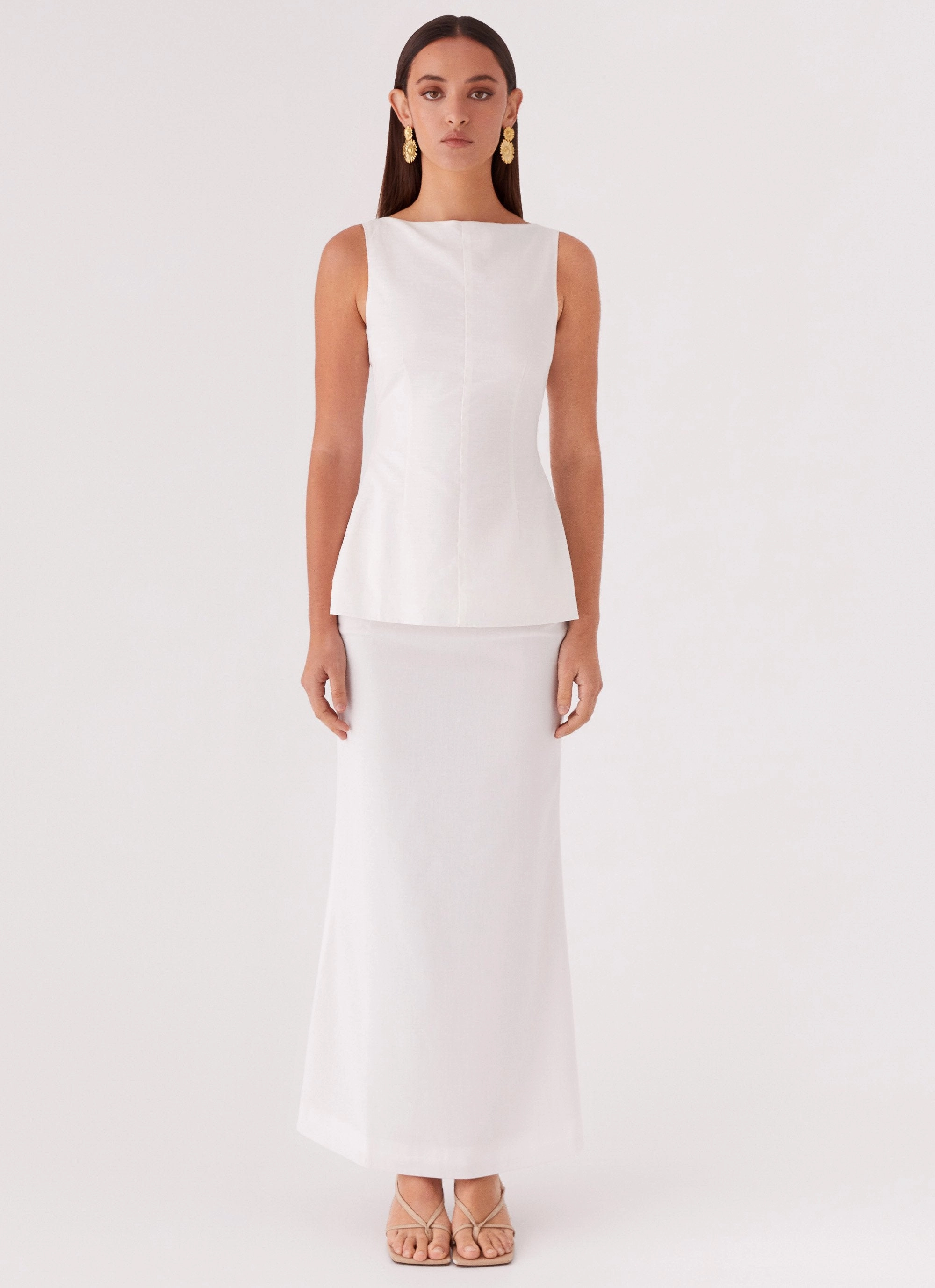 Mooney Linen Top - White FlexibleWaistband All Season Wear Fabric