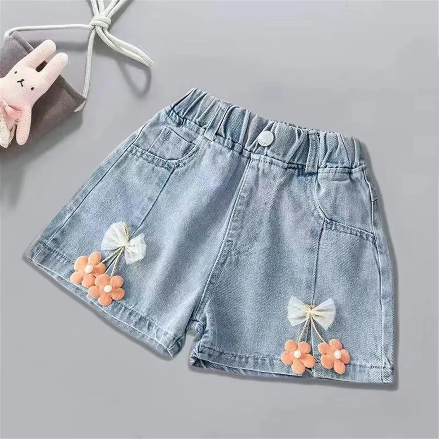 Moonker Toddler Girl Summer Denim Shorts Flower Elastic High Waisted Straight Wide Leg Cute Jeans Hot Pants