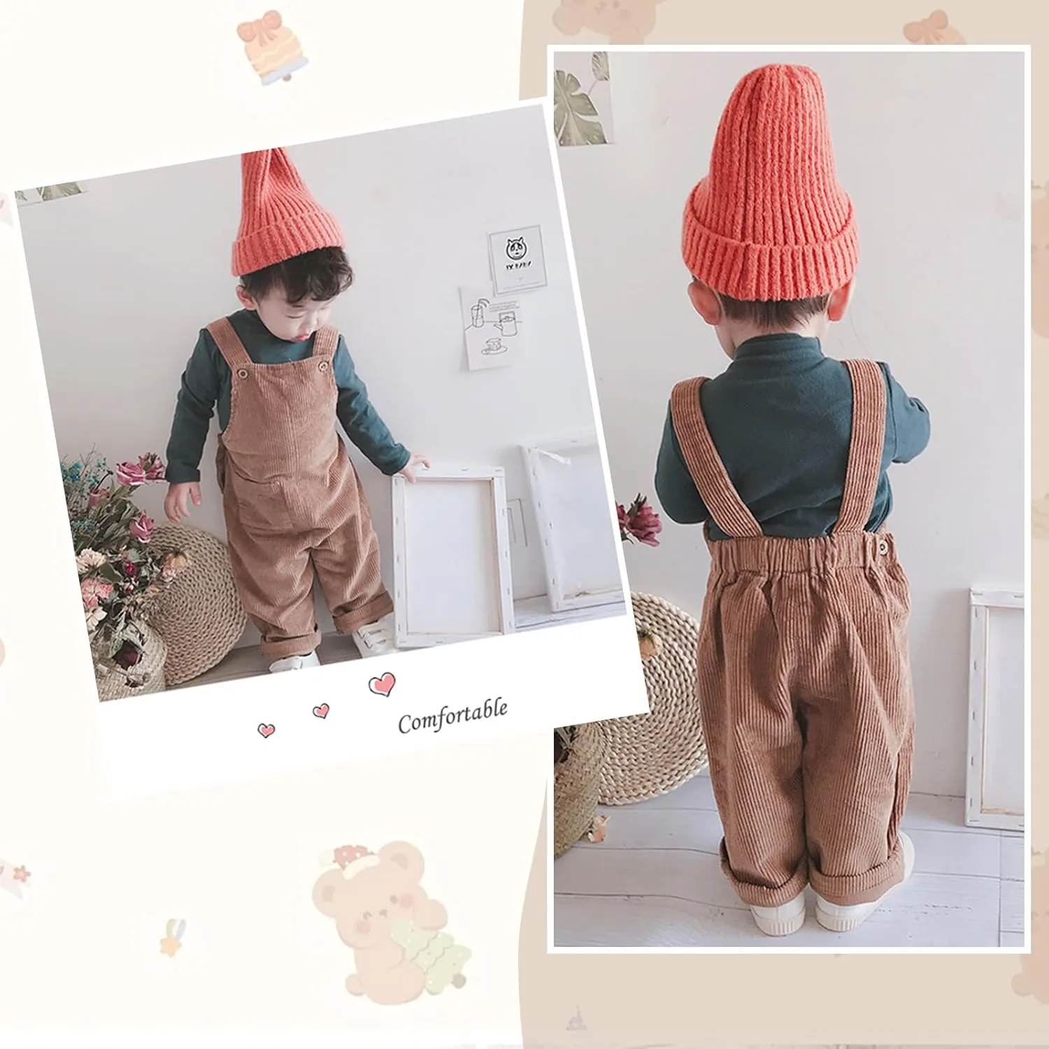 Mornyray Toddler Boy Girl Soft Corduroy Suspender Pants Kids Overalls Loose Retro