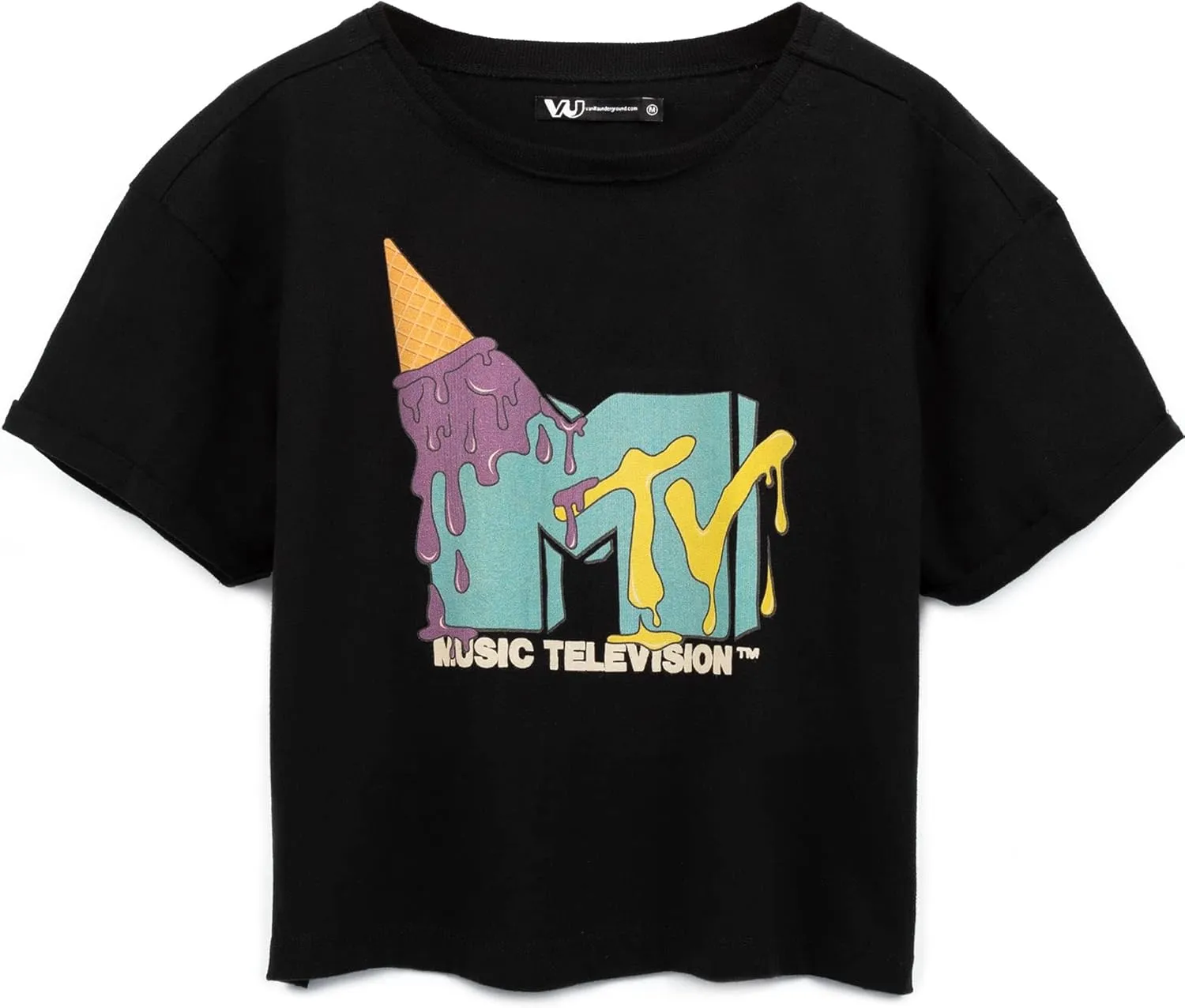 MTV Cropped T-Shirt Womens Ladies Music Ice Cream Logo Black Crop Top