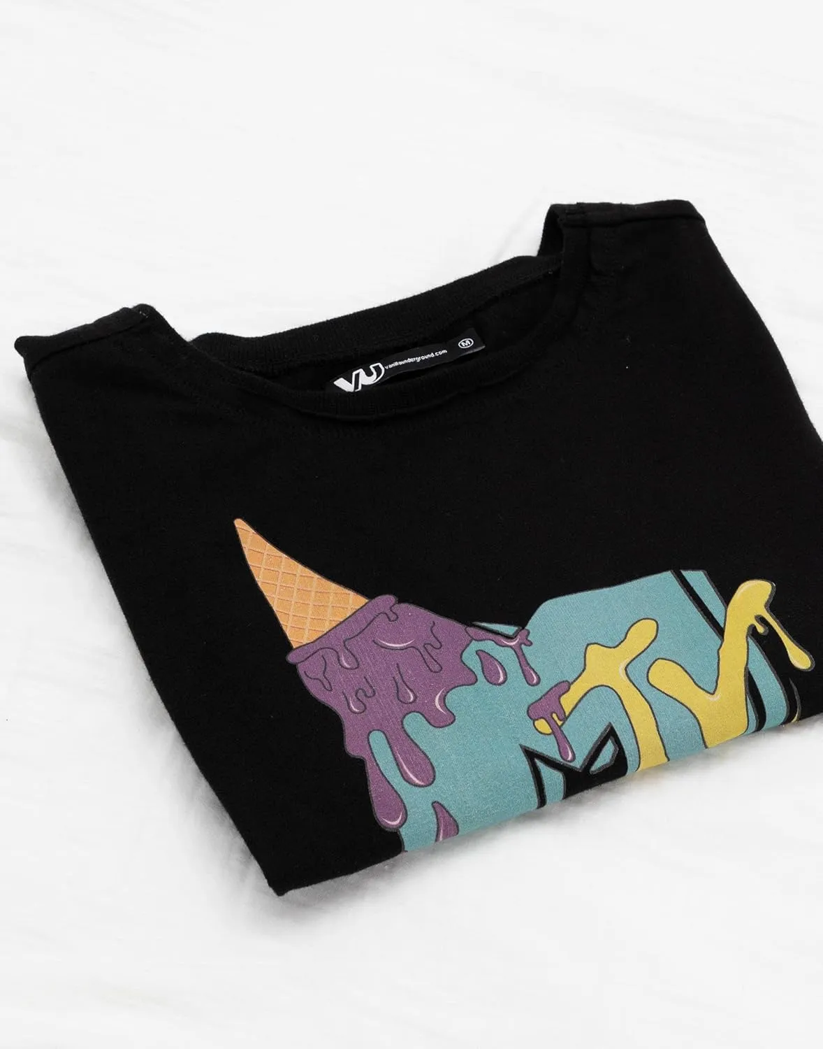 MTV Cropped T-Shirt Womens Ladies Music Ice Cream Logo Black Crop Top