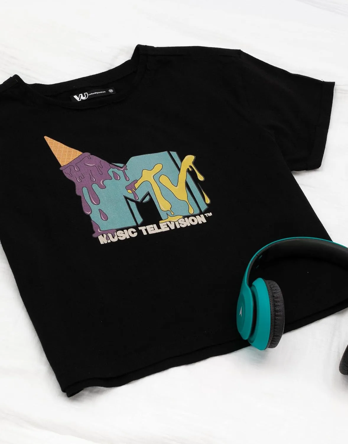 MTV Cropped T-Shirt Womens Ladies Music Ice Cream Logo Black Crop Top