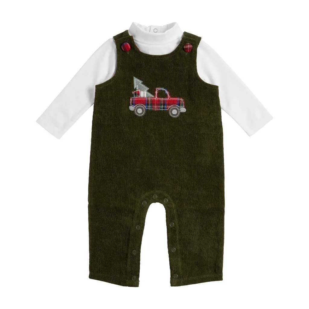 Mud Pie Kids Tartan Plaid Pickup Truck Applique Boys Green Christmas Overalls