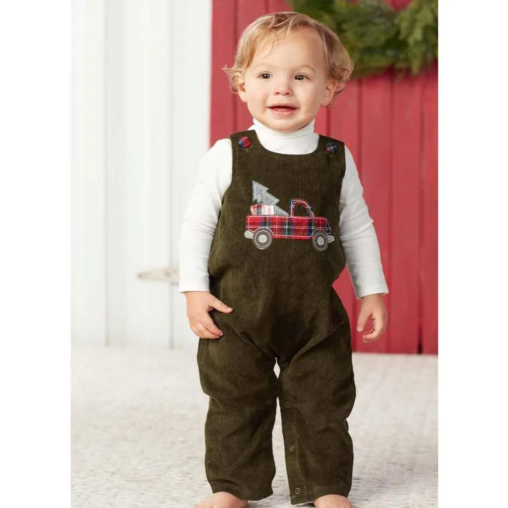 Mud Pie Kids Tartan Plaid Pickup Truck Applique Boys Green Christmas Overalls