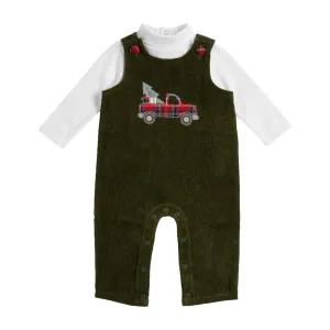 Mud Pie Kids Tartan Plaid Pickup Truck Applique Boys Green Christmas Overalls