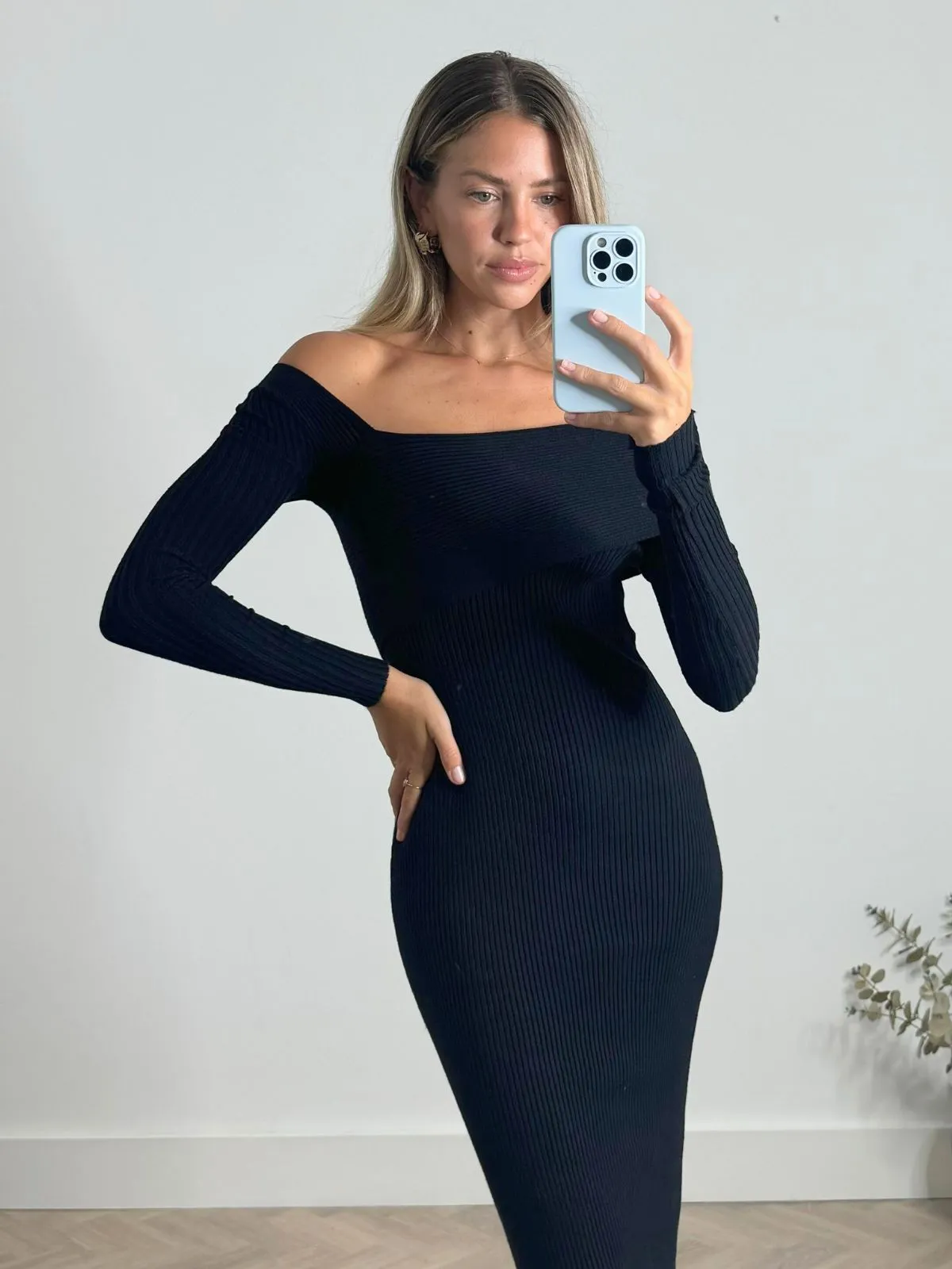 Polly Asymmetric Knitted Dress in Black Essential Layer