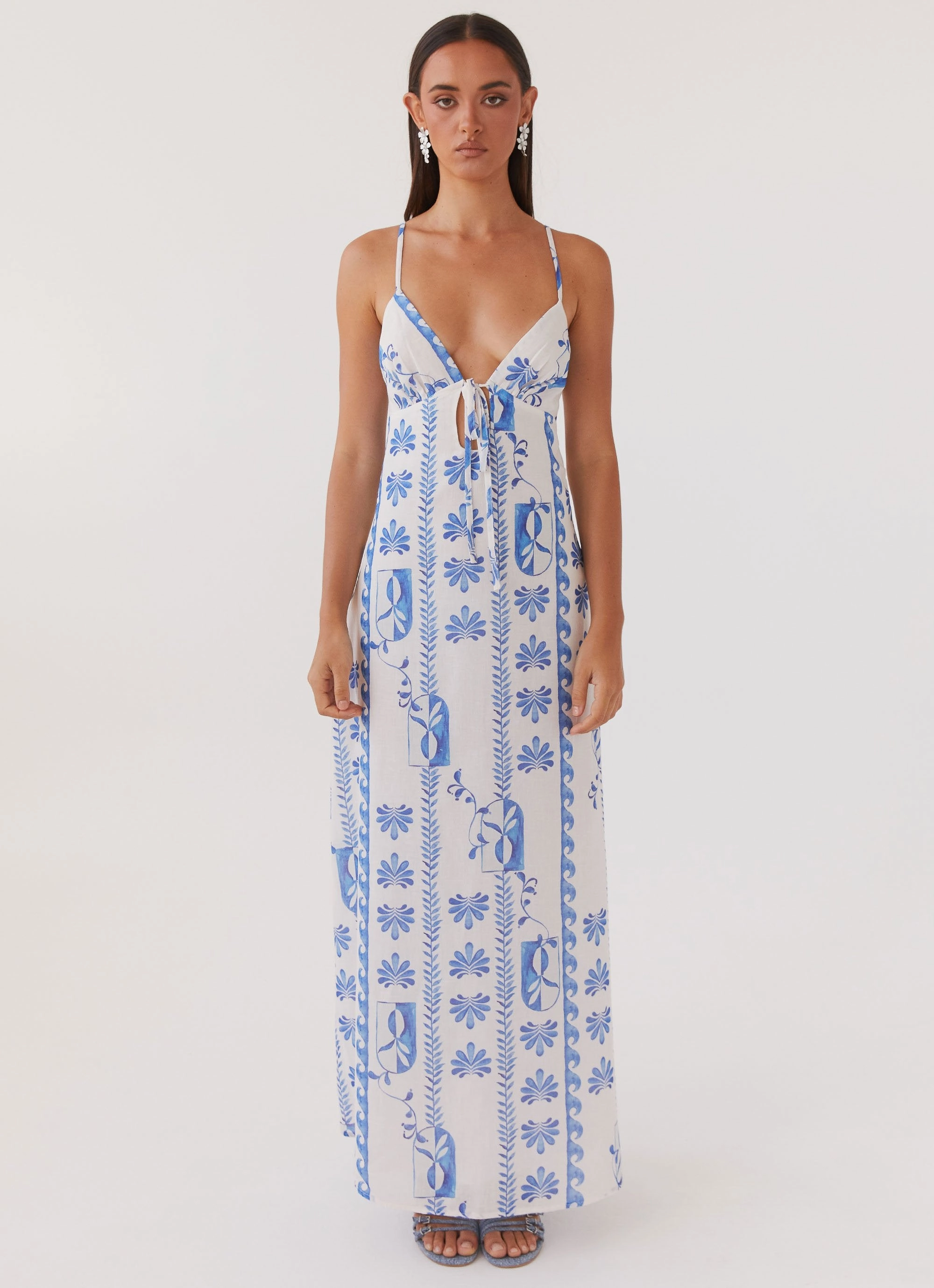 Flora Linen Maxi Dress - Floral Wave Subtle Detail Scoop-Neck