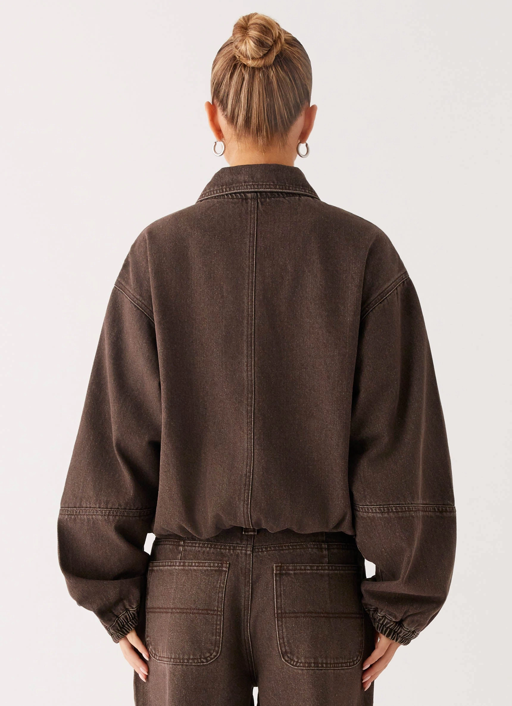 Midwest Washed Denim Bomber Jacket - Light Wash Chocolate Lightweight Feel