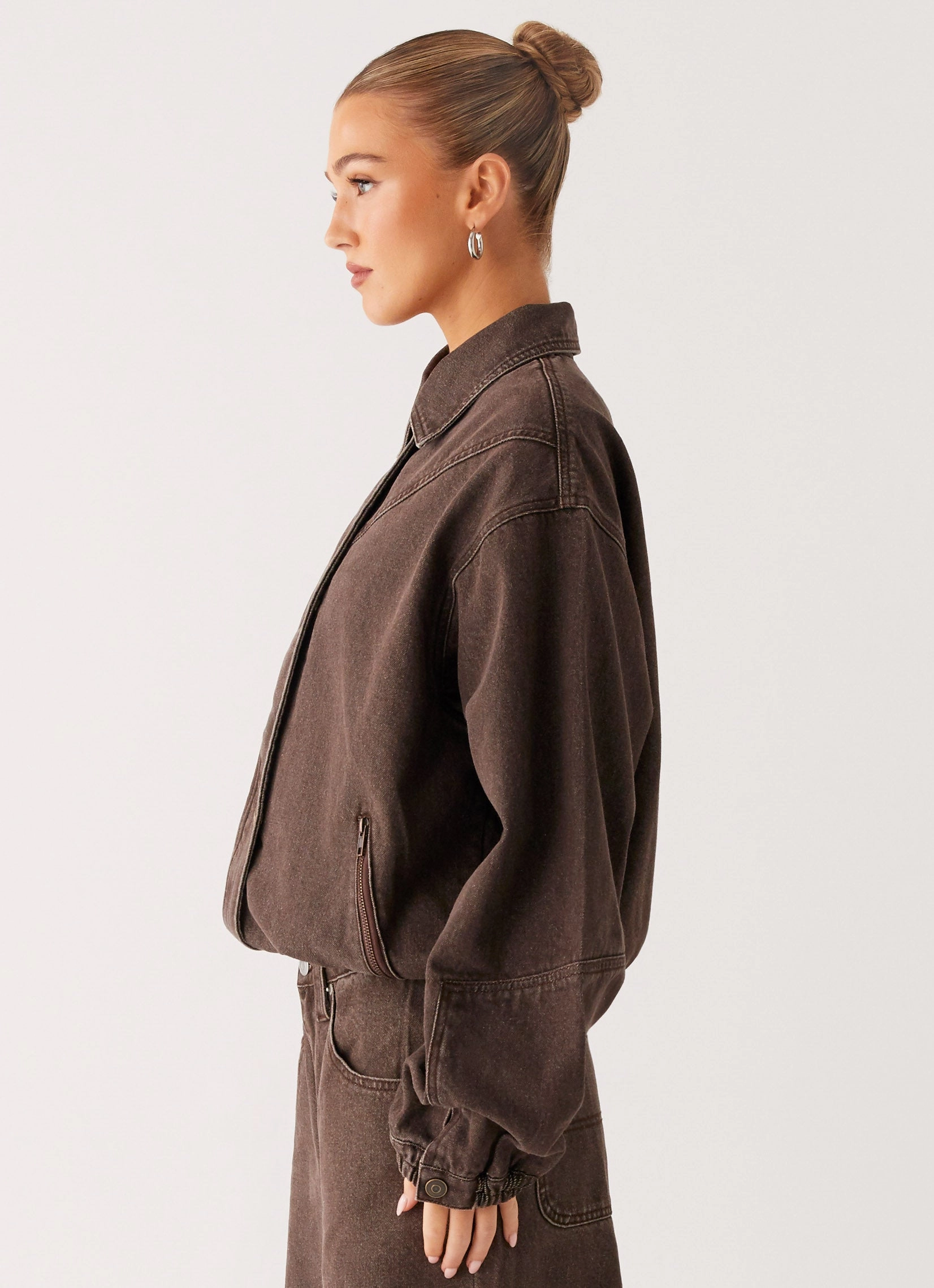 Midwest Washed Denim Bomber Jacket - Light Wash Chocolate Formal Use Elastic Hem Adjustment