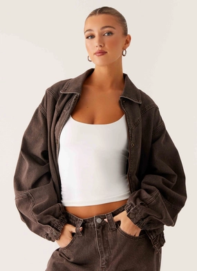 Sporty Chic Sleek Casual Midwest Washed Denim Bomber Jacket - Light Wash Chocolate