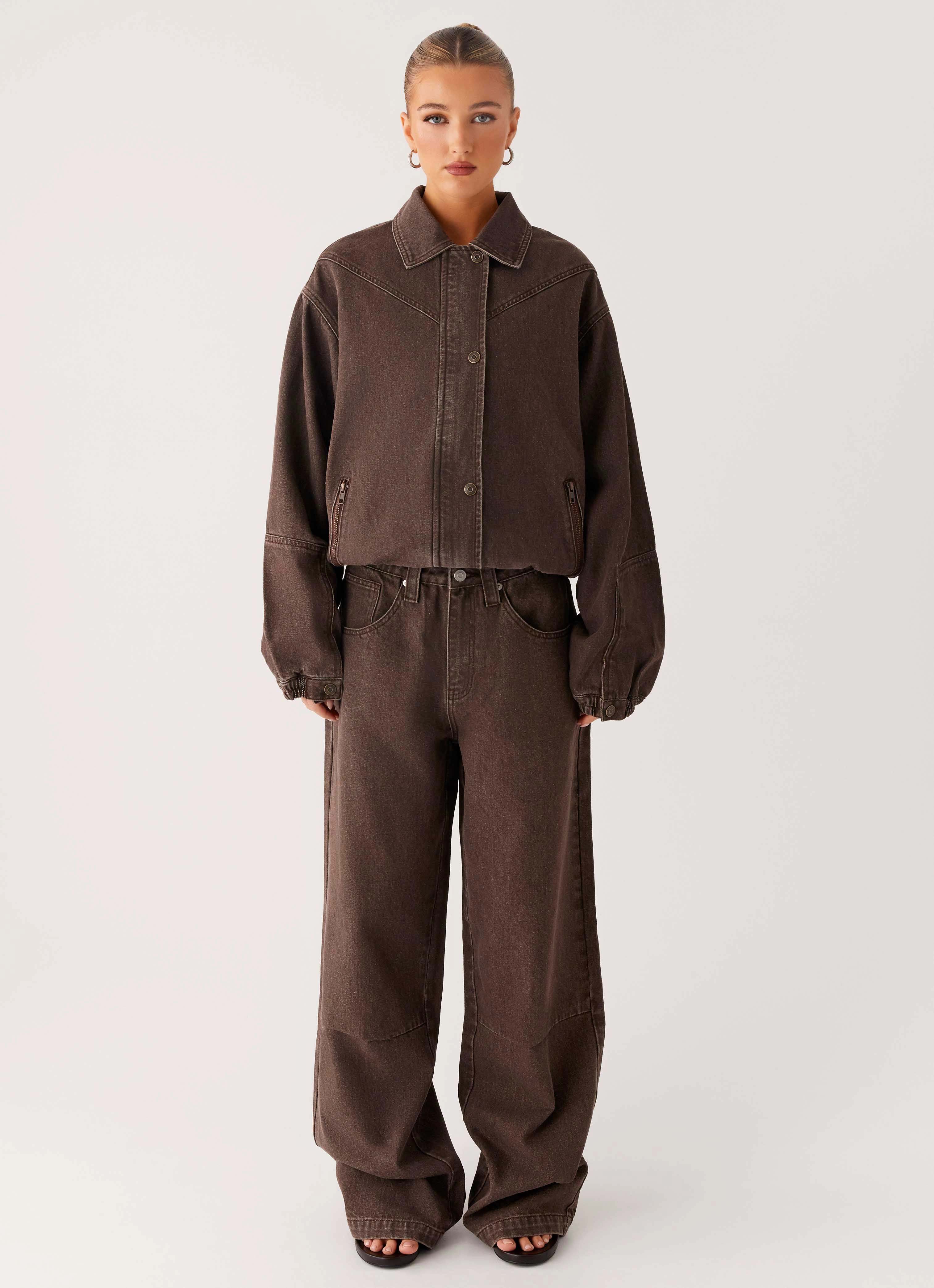 Water resistant coating Midwest Washed Denim Bomber Jacket - Light Wash Chocolate