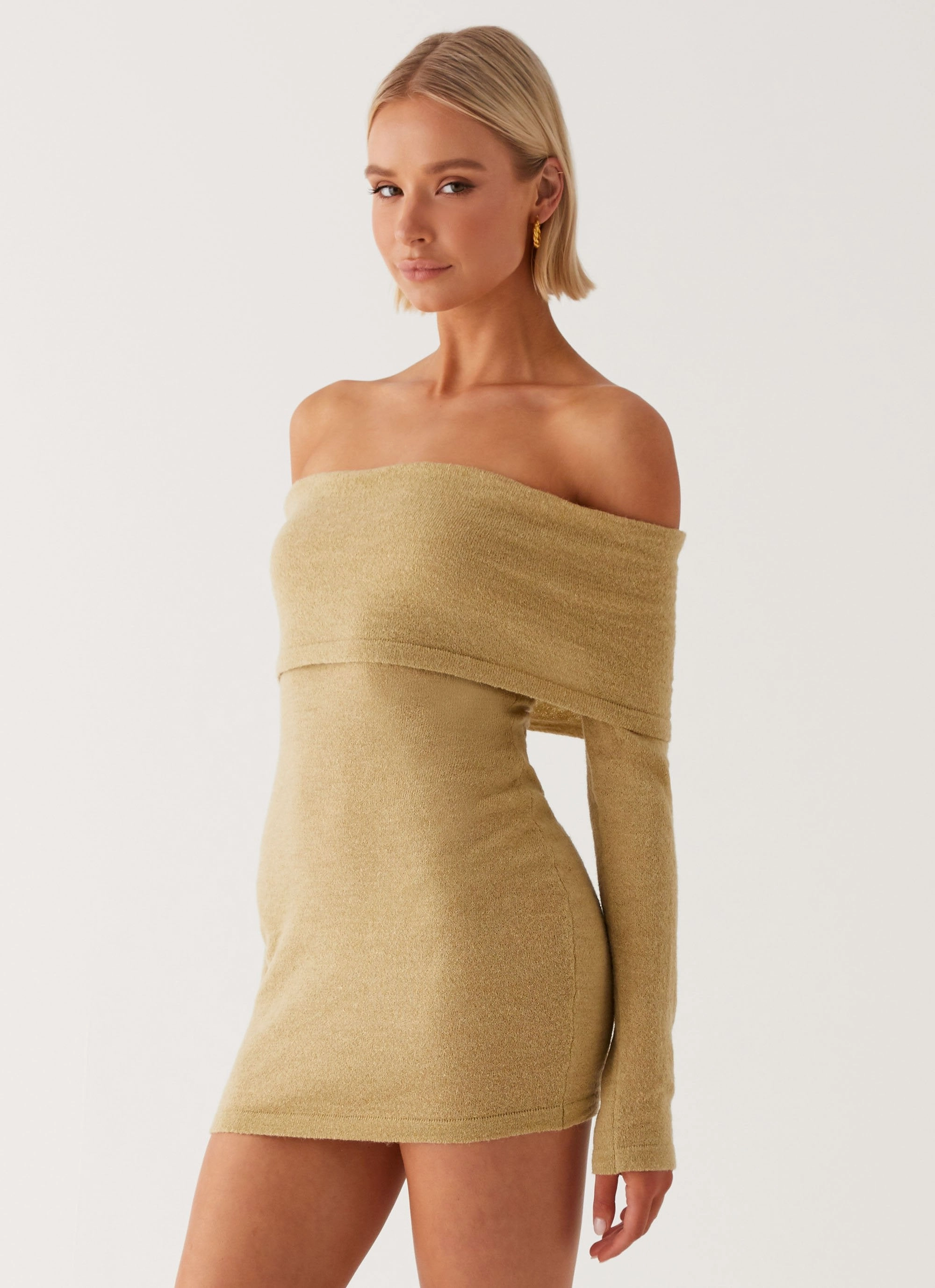 Myla Off Shoulder Mini Dress - Camel Air Layer