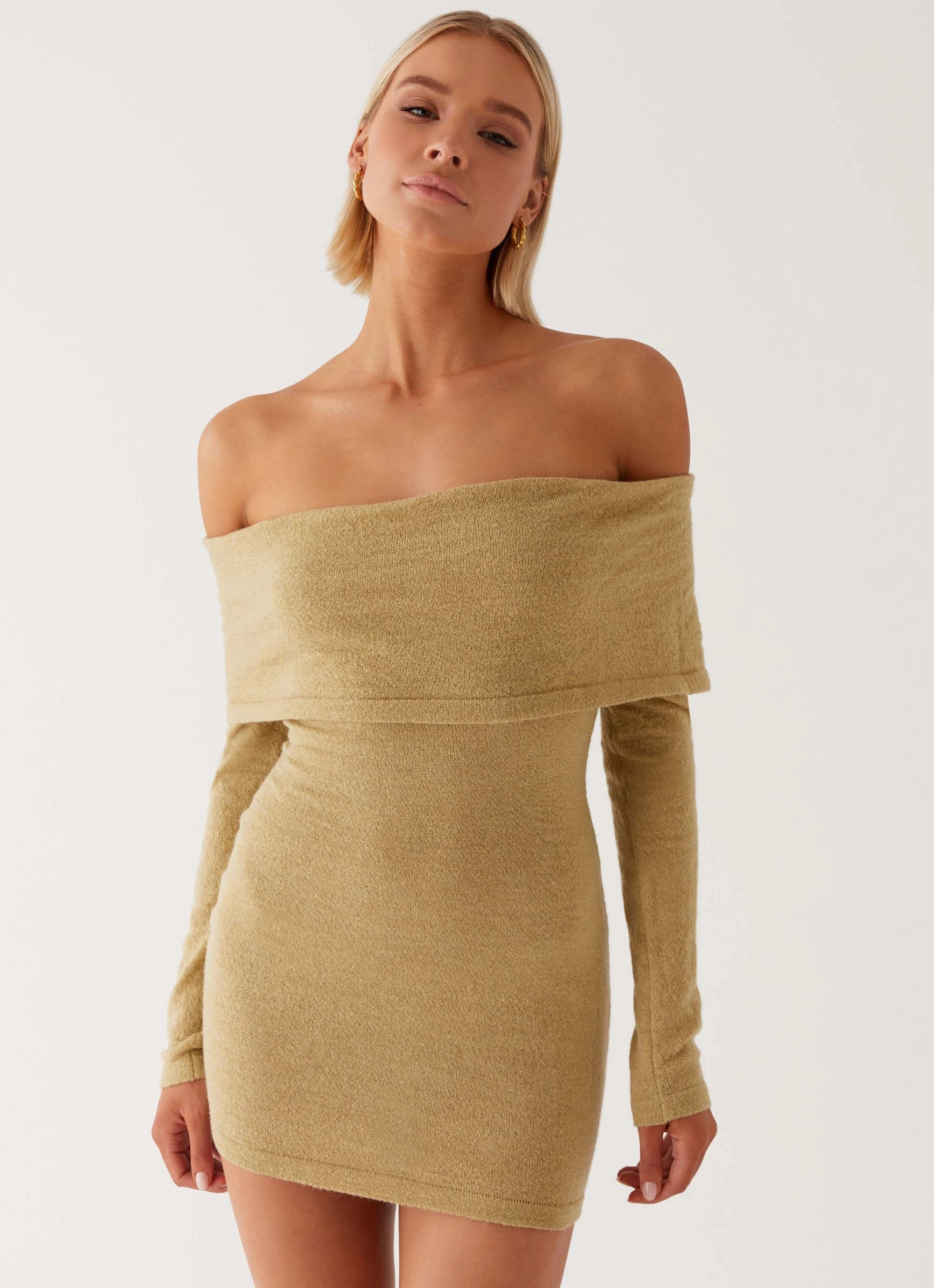 Myla Off Shoulder Mini Dress - Camel Versatile dress for layering