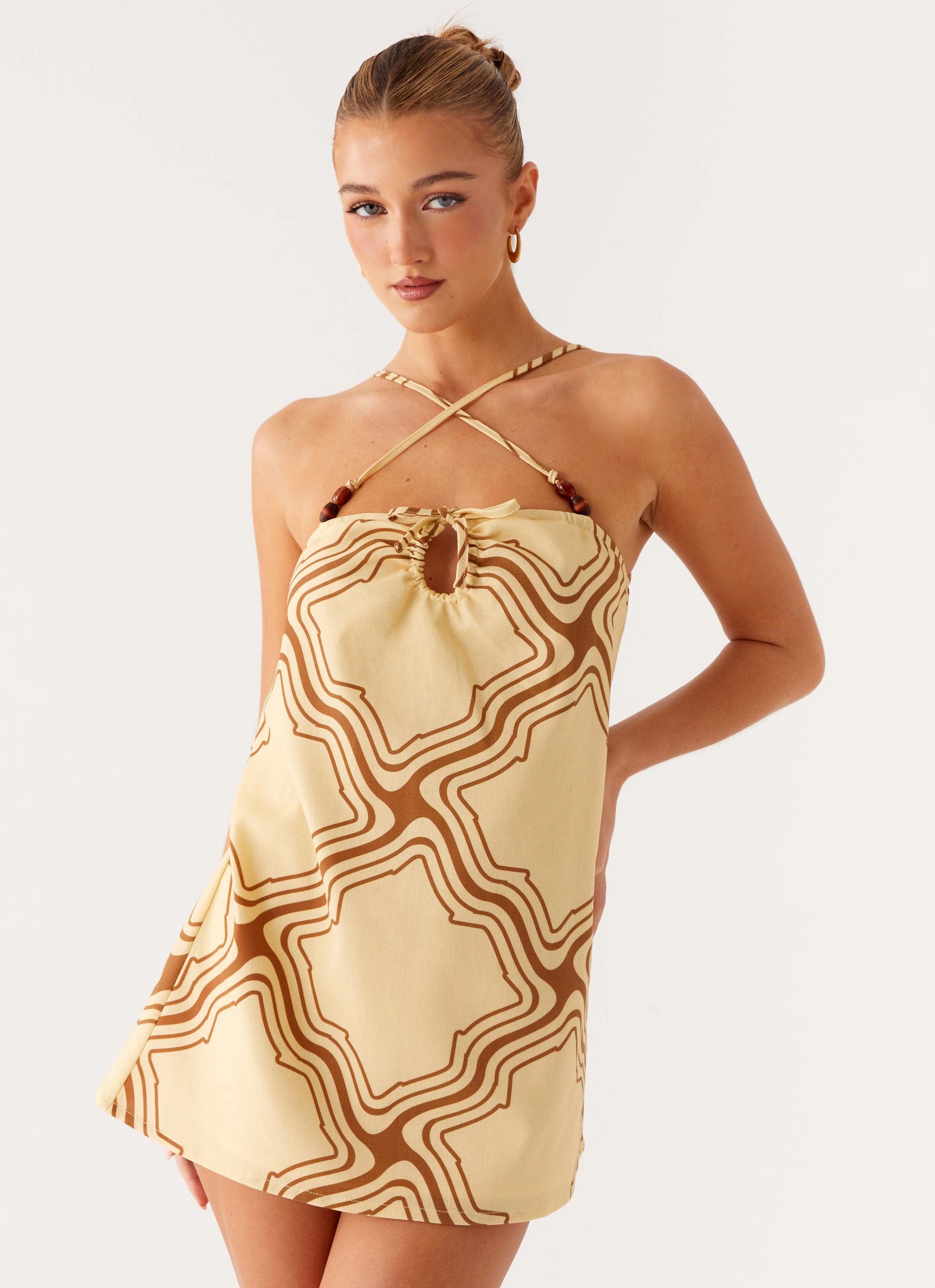 Naomi Criss Cross Mini Dress - Tidal Wave Print Unique Print