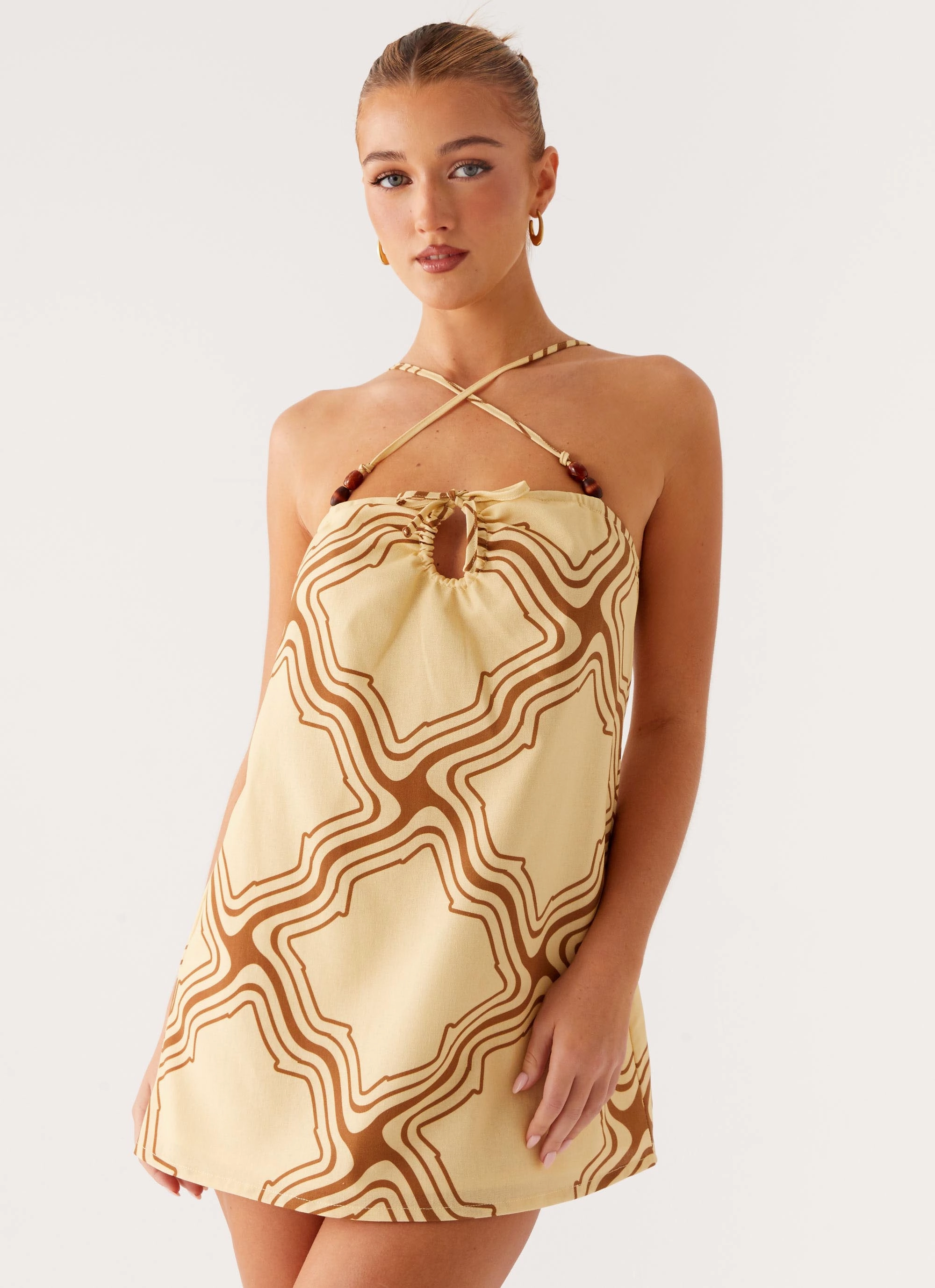 Printed-Lining Fall Ready Naomi Criss Cross Mini Dress - Tidal Wave Print