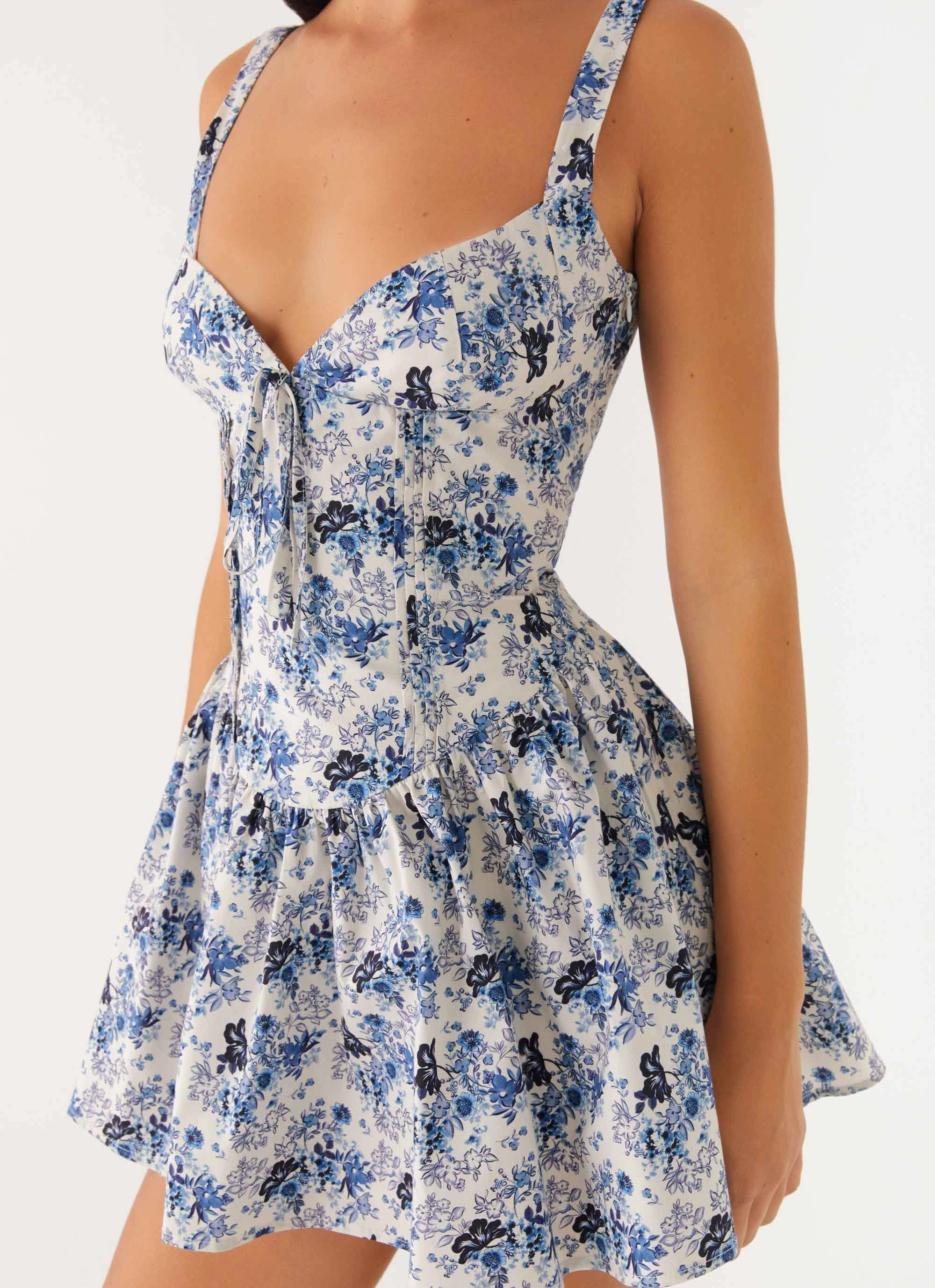 Nash Bust Mini Dress - Serene Sky Floral Ruched-Detail