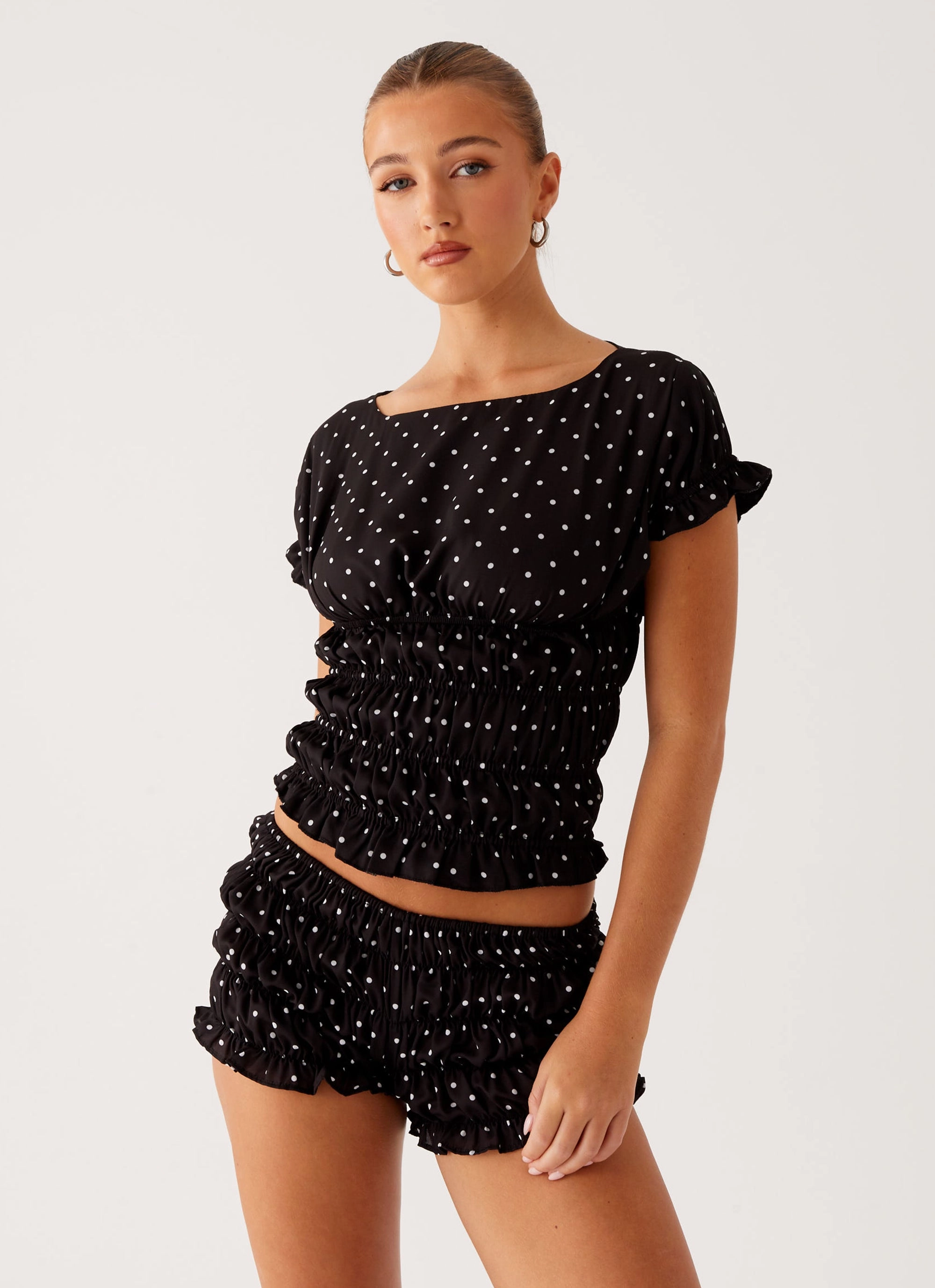 Natalia Ruched Top - Black Polka Dot ElasticCuffs