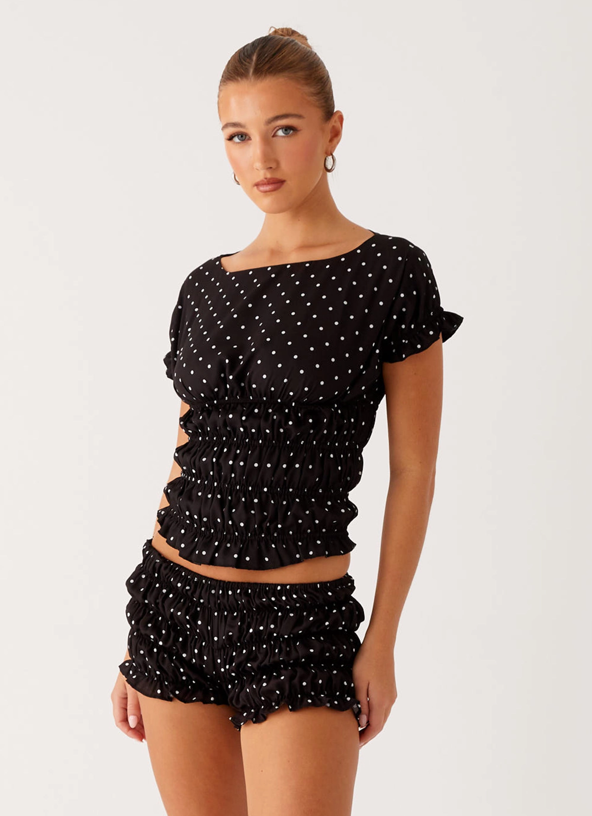 Natalia Ruched Top - Black Polka Dot Lightweight Polyester Blend