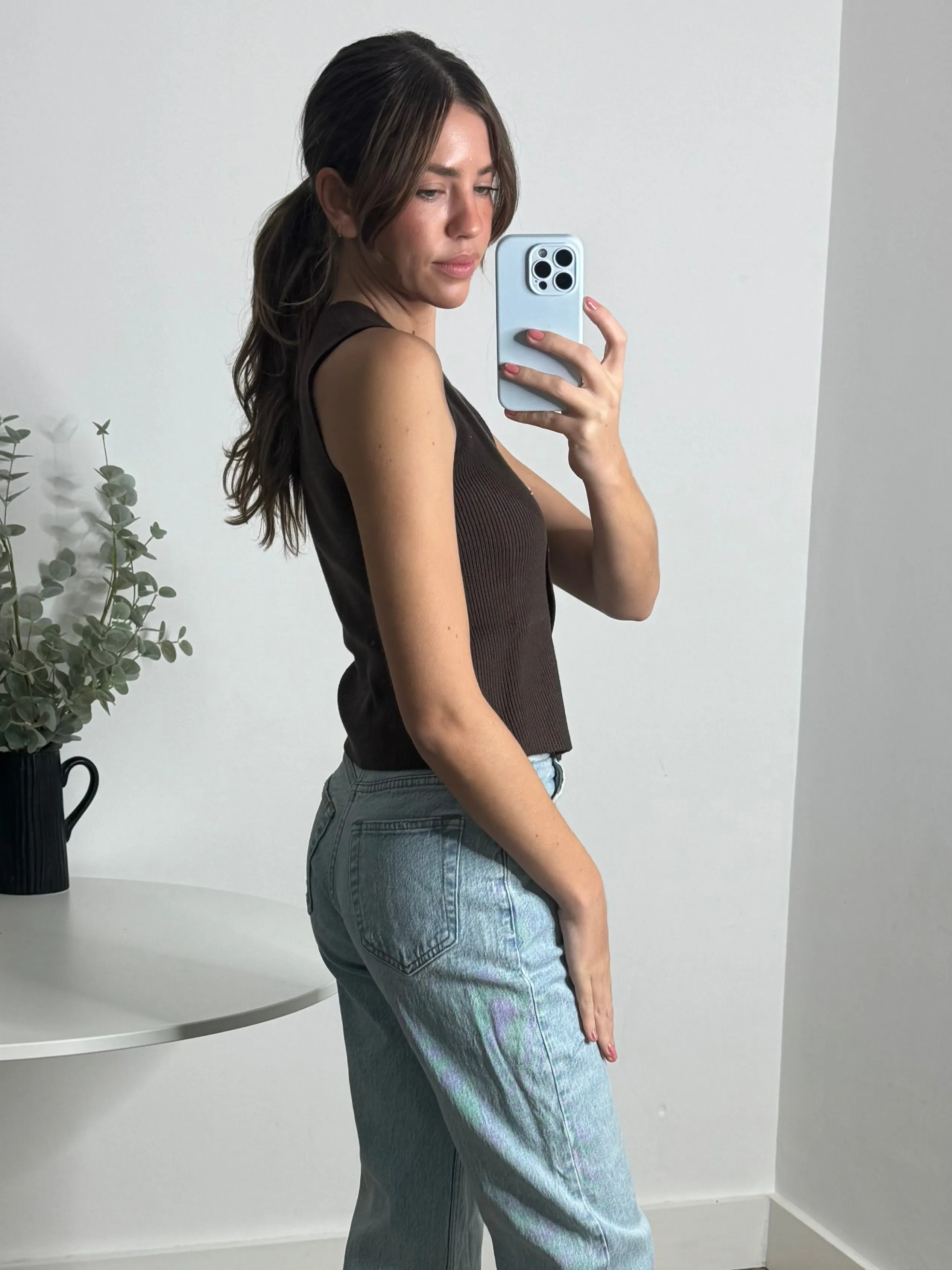 Nella Knitted Waistcoat in Chocolate Anti Static Technology Bold Simplicity