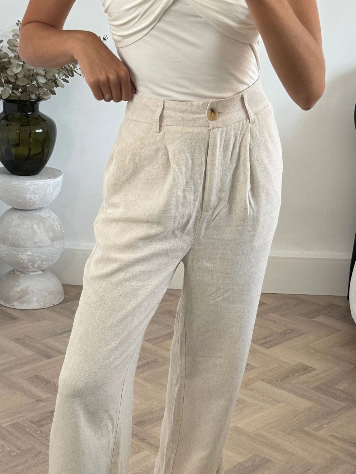 Claire Linen Straight Leg Trouser in Neutral Chilly Day Comfort NoBuckleDesign