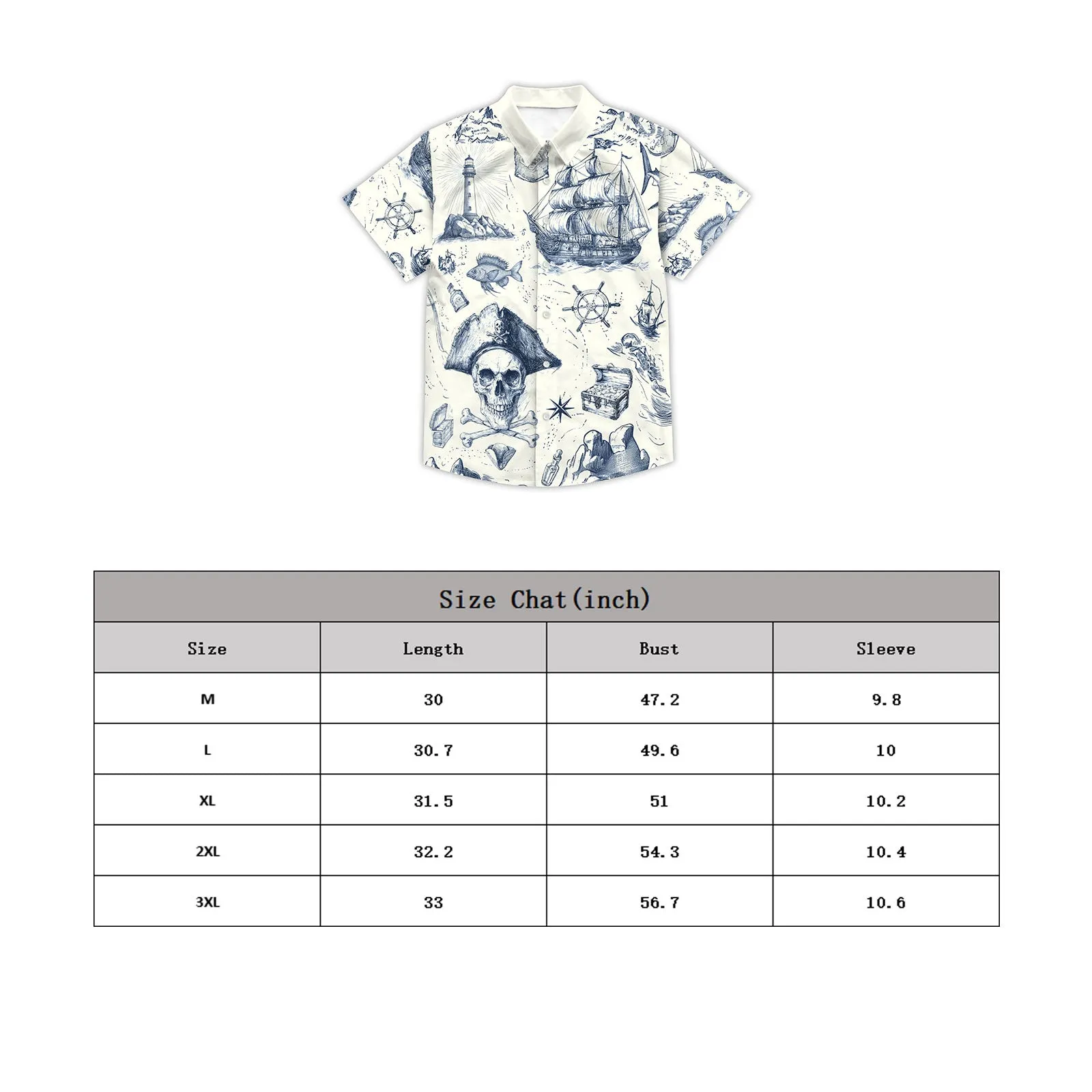 Nautical Pirate Hawaiian Shirt for Men Button Down Shirt Vacation and Theme Party