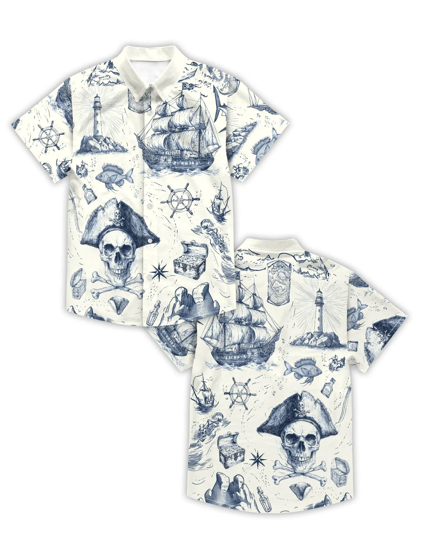 Nautical Pirate Hawaiian Shirt for Men Button Down Shirt Vacation and Theme Party