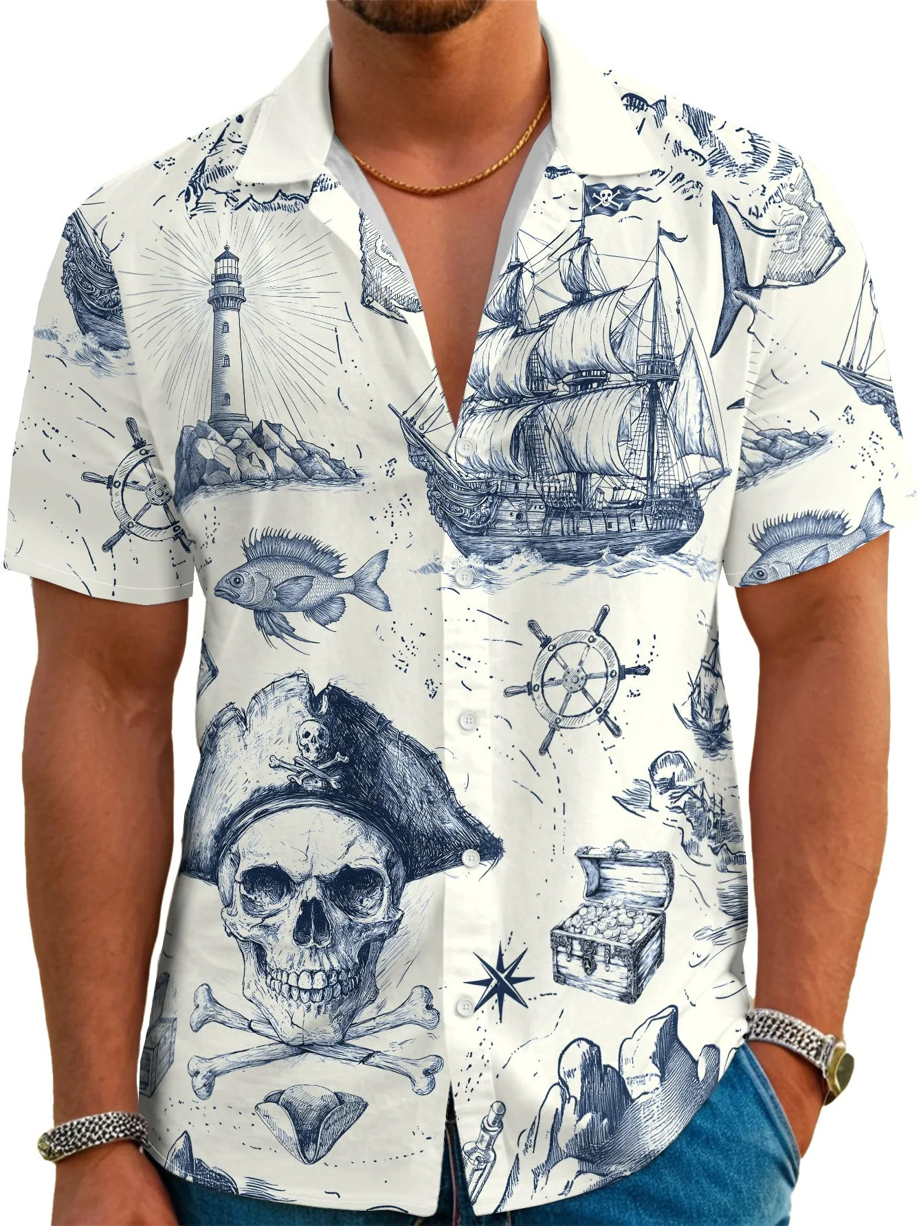 Nautical Pirate Hawaiian Shirt for Men Button Down Shirt Vacation and Theme Party