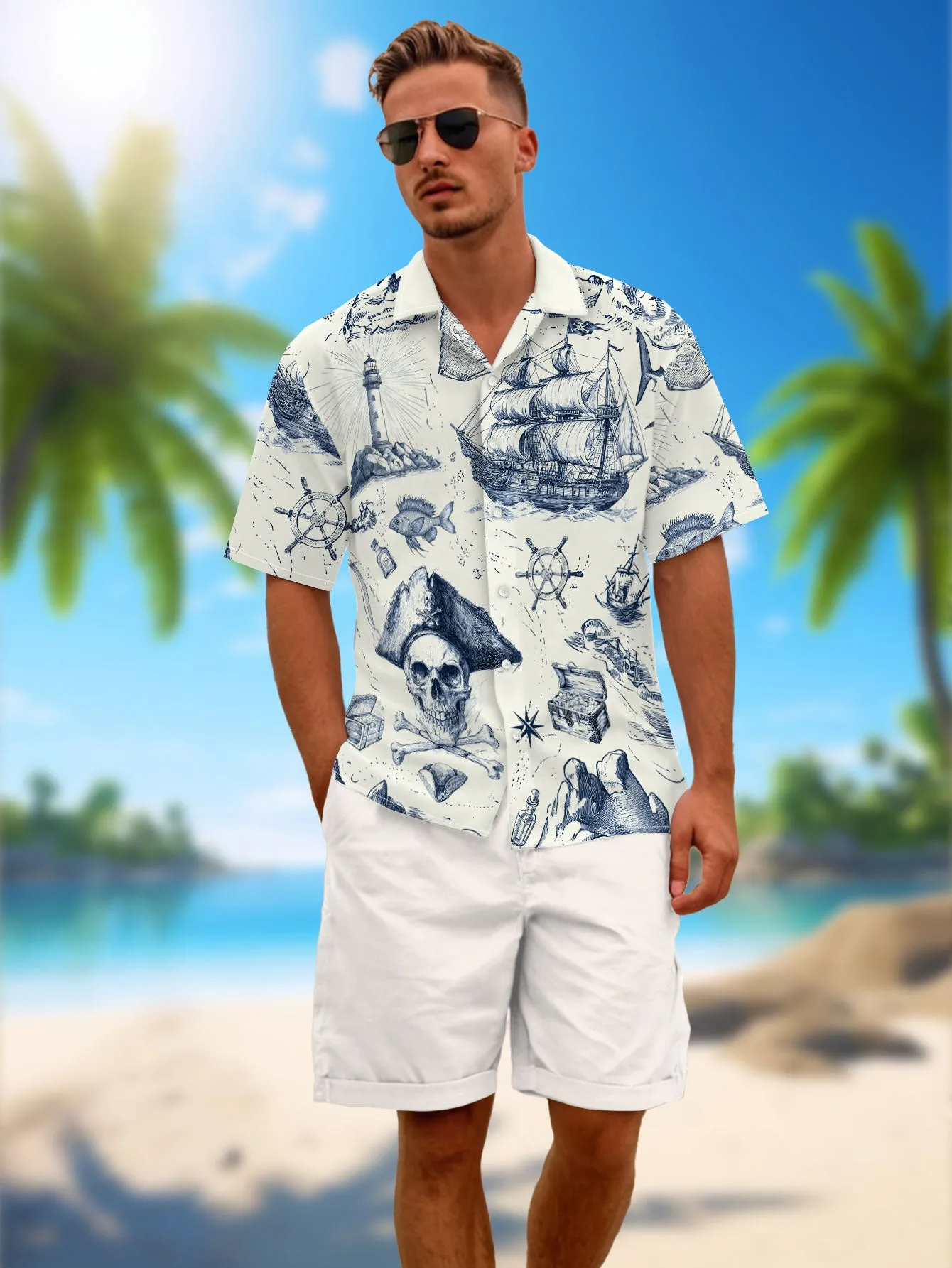 Nautical Pirate Hawaiian Shirt for Men Button Down Shirt Vacation and Theme Party