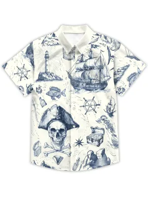 Nautical Pirate Hawaiian Shirt for Men Button Down Shirt Vacation and Theme Party