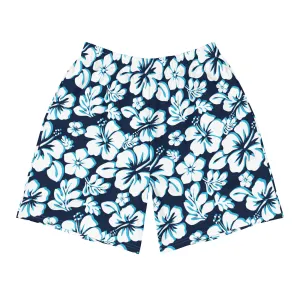 Navy Blue, Aqua Blue and White Hawaiian Flowers Men's Active Shorts