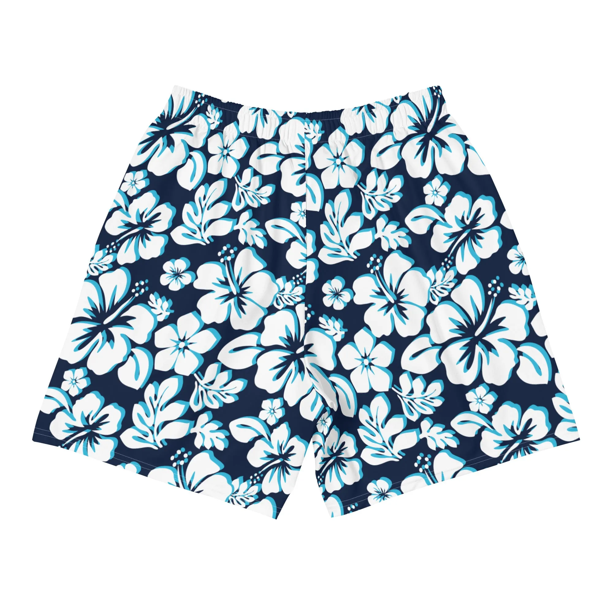 Navy Blue, Aqua Blue and White Hawaiian Flowers Men's Active Shorts