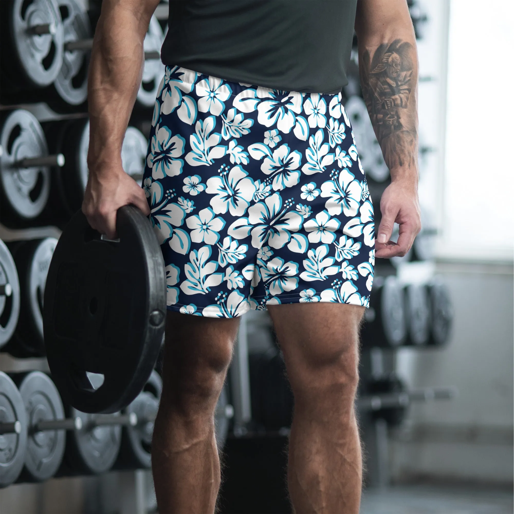 Navy Blue, Aqua Blue and White Hawaiian Flowers Men's Active Shorts