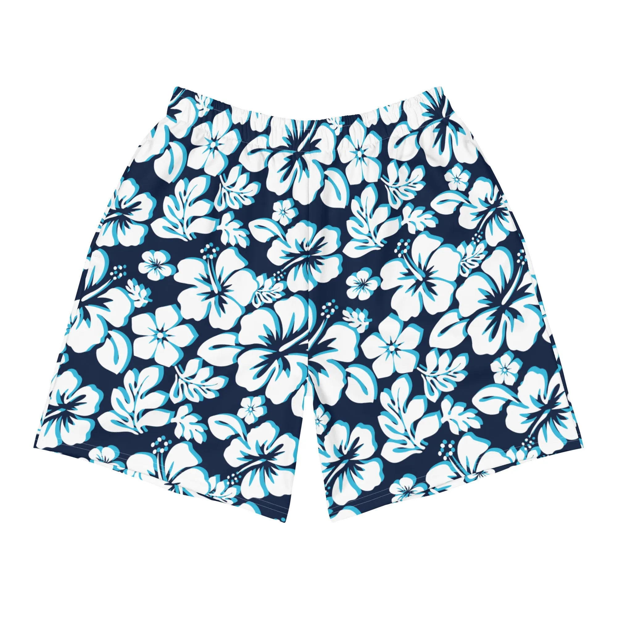 Navy Blue, Aqua Blue and White Hawaiian Flowers Men's Active Shorts