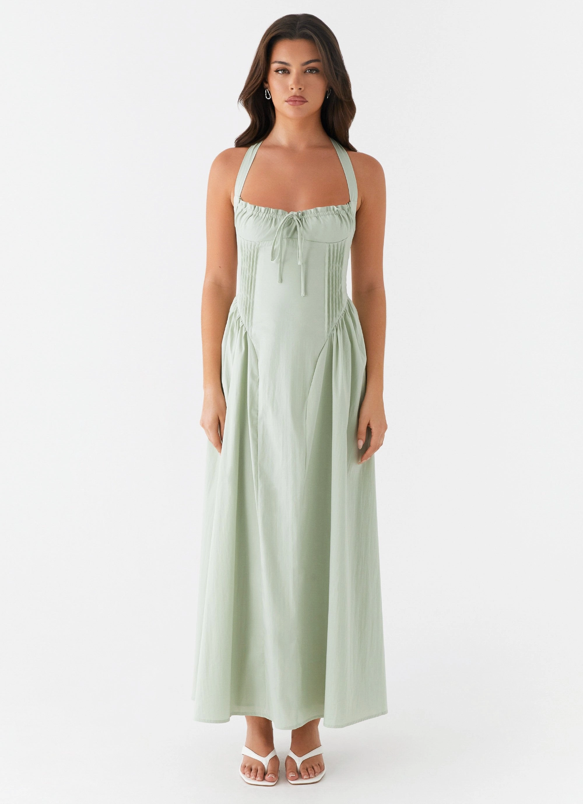 Color-Blocked Mesh Soft Olenna Halterneck Midi Dress - Sage