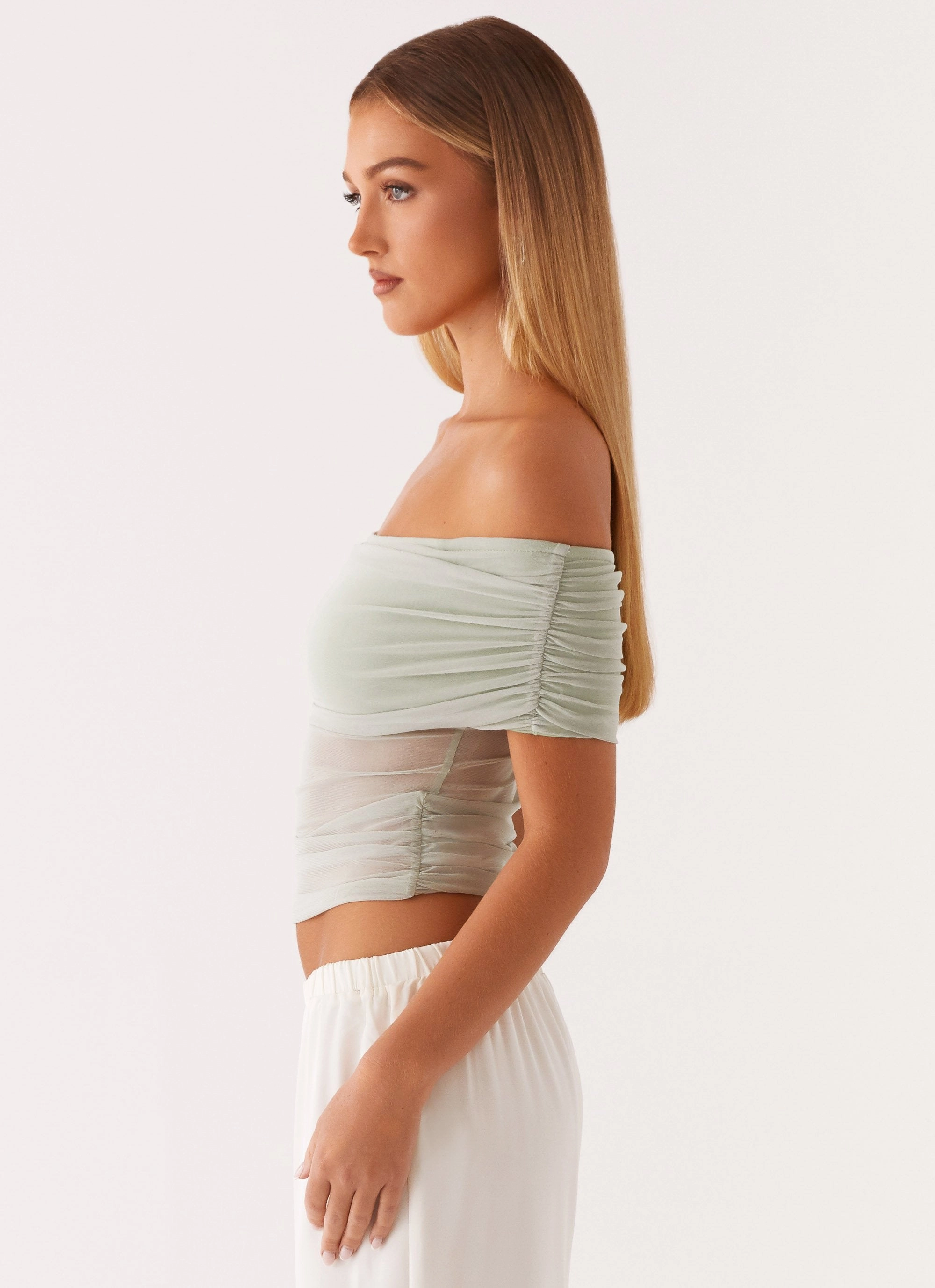Nelly Off Shoulder Top - Pistachio Breathable mesh lining